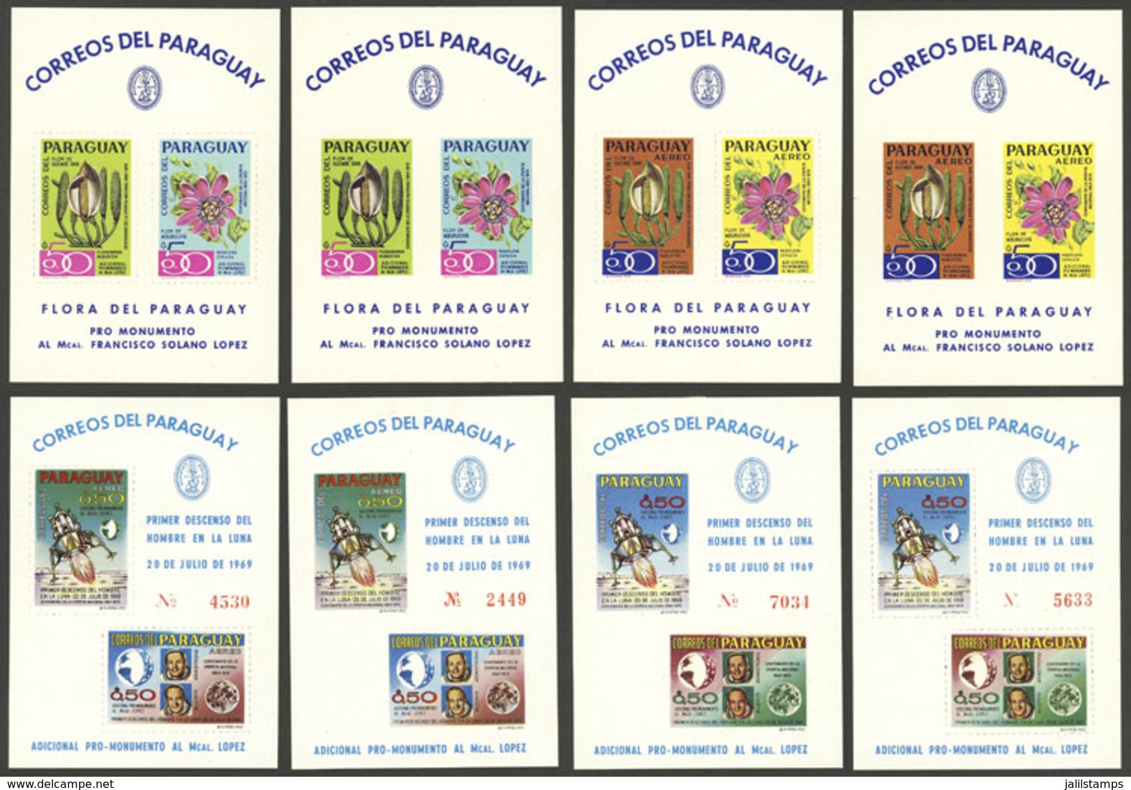 PARAGUAY: Complete Set Of 8 S.sheets Of 1969 (perforated And Imperforate), Topic Flowers And Space Exploration, VF Quali - Paraguay