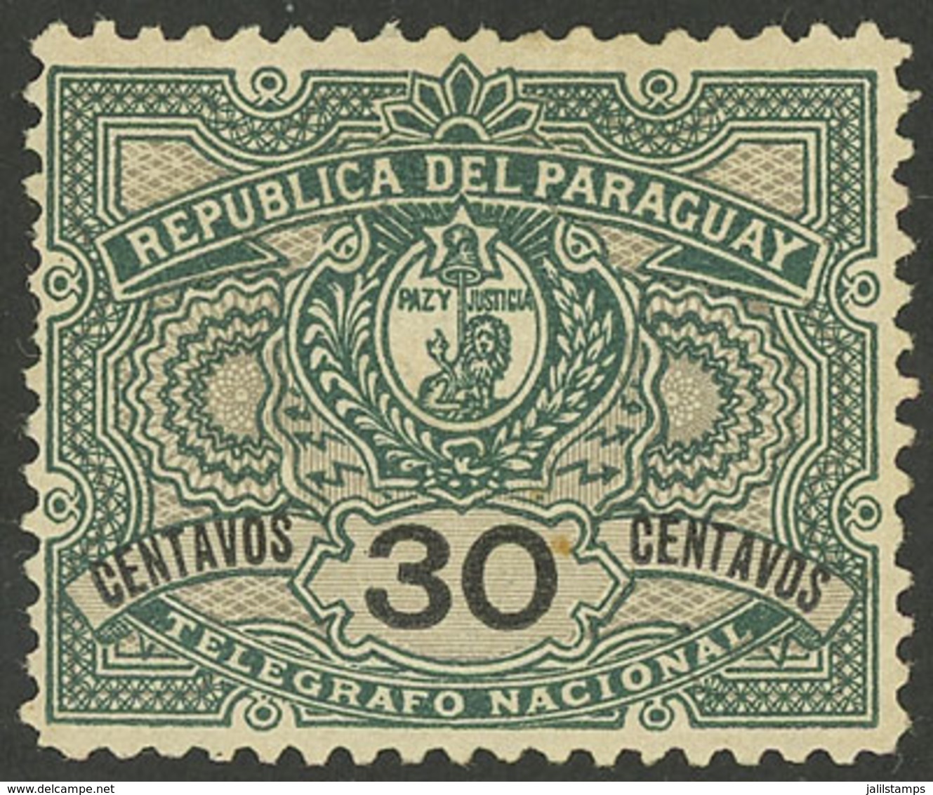 PARAGUAY: Yvert 3, 1892/1901 30c. Mint With Original Gum, Excellent Quality, Rare. With Small Guarantee Mark Of Roumet O - Paraguay