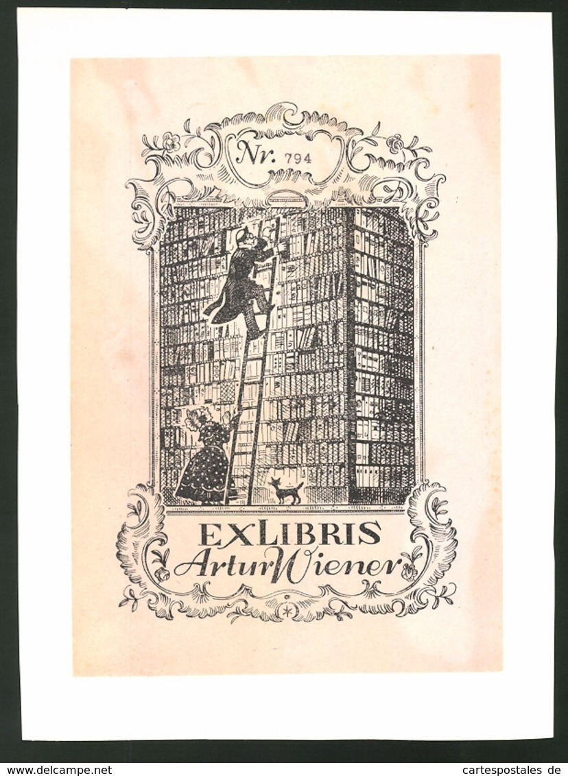 Exlibris Artur Wiener, Bibliothekar Auf Einer Leiter Am Bücherregal - Ex Libris