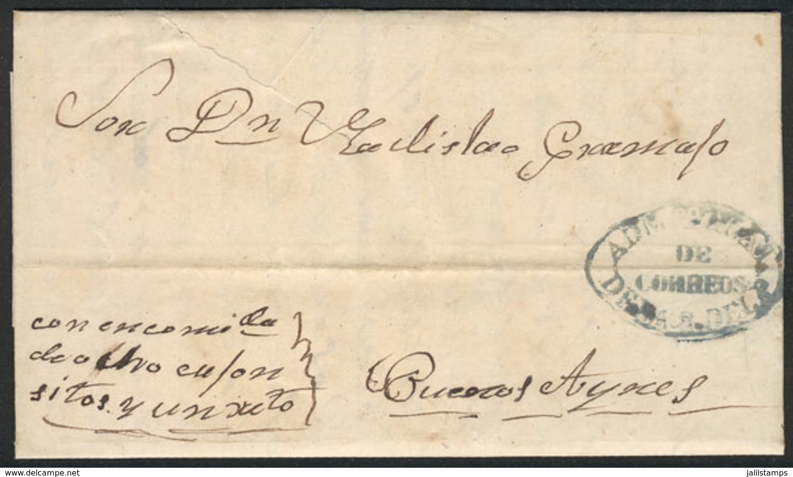 PARAGUAY: Entire Letter Dated 5/OC/1858, Sent To Buenos Aires Con Encomienda De 8 Cajoncitos Y Un ??, Gray-blue ADMON GR - Paraguay