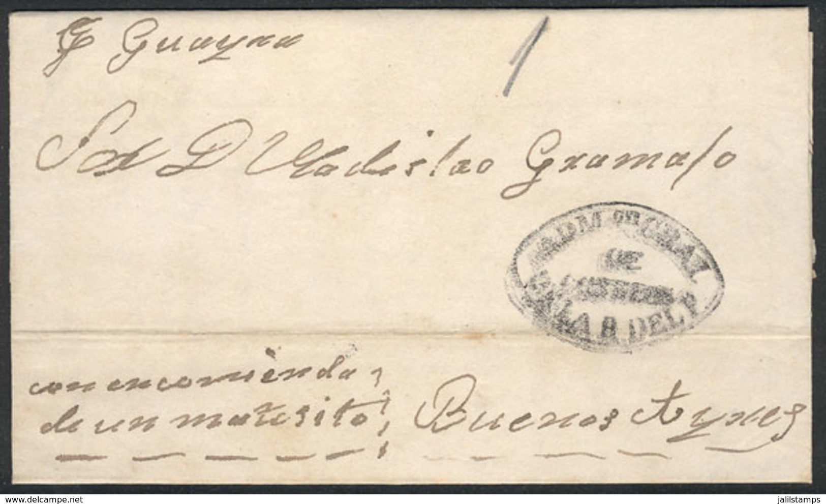 PARAGUAY: Entire Letter Dated 6/DE/1859, Sent To Buenos Aires Por Vapor Guayra, Con Encomienda De Un Matecito, With Blac - Paraguay