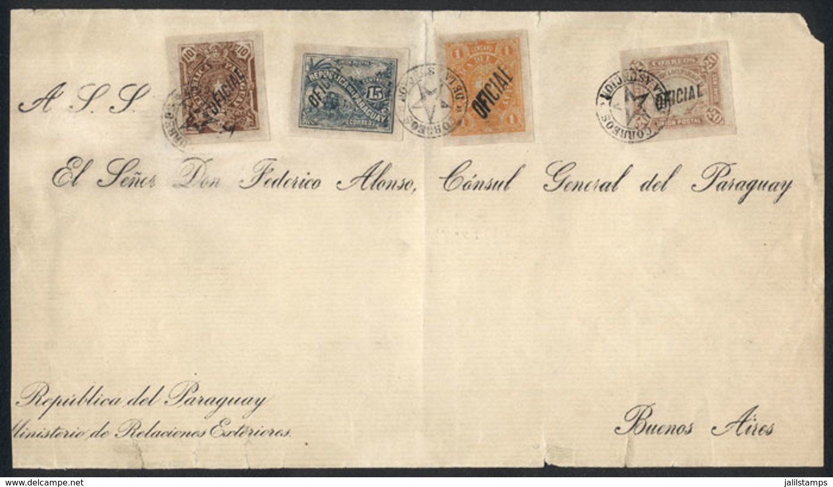 PARAGUAY: Cover Of The Ministry Of Foreign Affairs Franked With Official Stamps Of 1886 Imperforate: 1c., 10c. 15c. And  - Paraguay