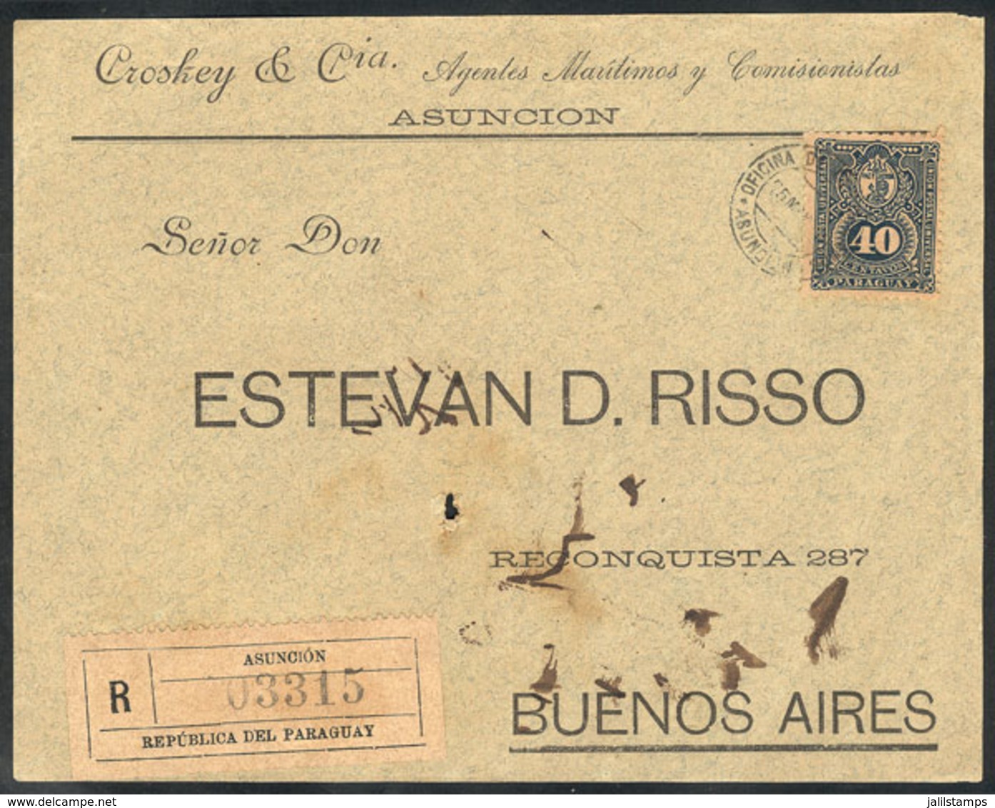 PARAGUAY: Front Of Registered Cover Sent From Asunción To Argentina On 25/MAR/1894 Franked With 40c. (Sc.42 ALONE), Mino - Paraguay