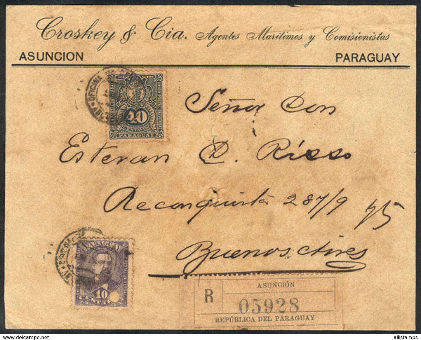 PARAGUAY: Front Of Registered Cover Sent From Asunción To Argentina In JUL/1895 Franked With 50c. (Sc.37 + 42, Rare Comb - Paraguay