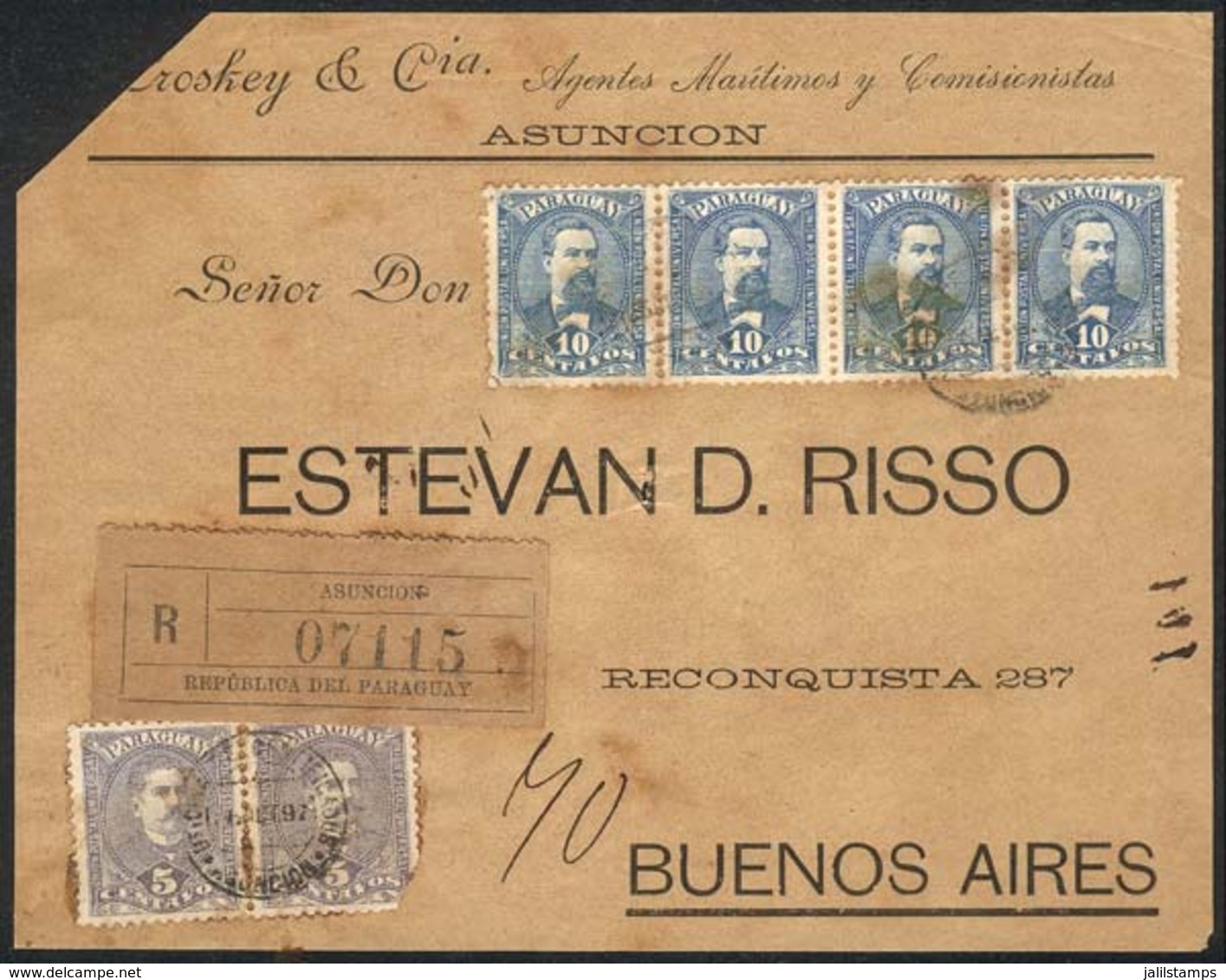 PARAGUAY: Front Of A Registered Cover Sent From Asunción To Buenos Aires On 6/OC/1897, Franked With 50c. Consisting Of S - Paraguay