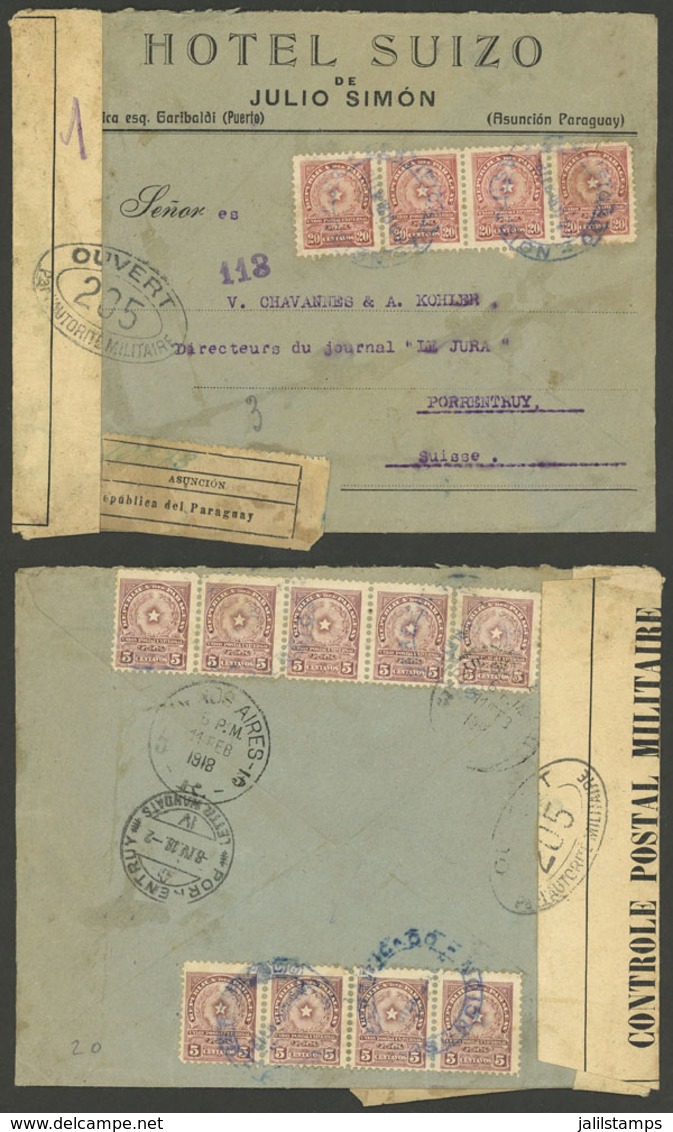 PARAGUAY: 8/FE/1918 Asunción - Porrentruy (Switzerland), Cover With Corner Card Of Hotel Suizo, Sent By Registered Mail  - Paraguay