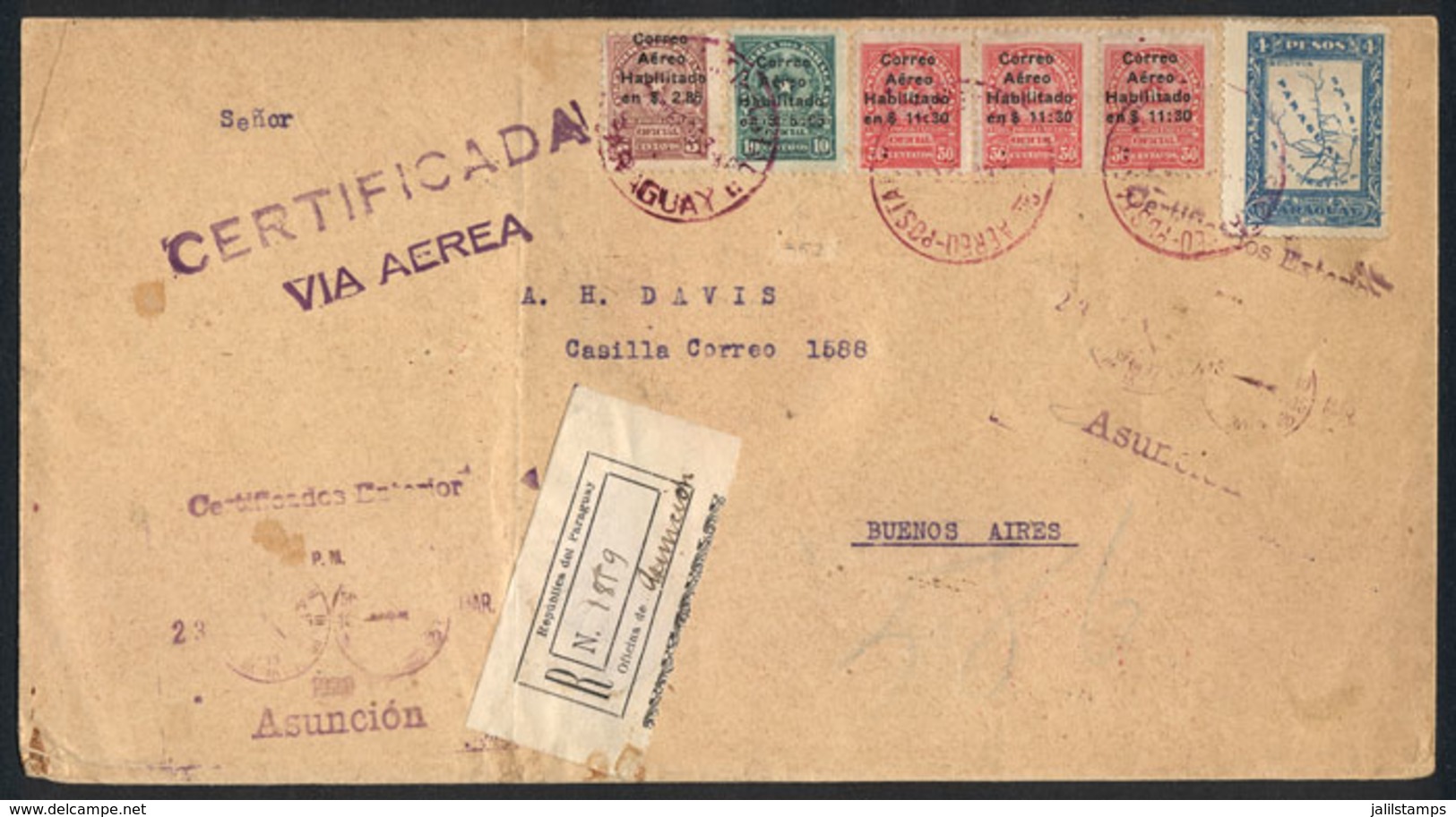 PARAGUAY: 24/MAR/1929: Registered Cover Franked By Sc.C1/3 + Another Value, Sent Via Airmail From Asunción To Buenos Air - Paraguay