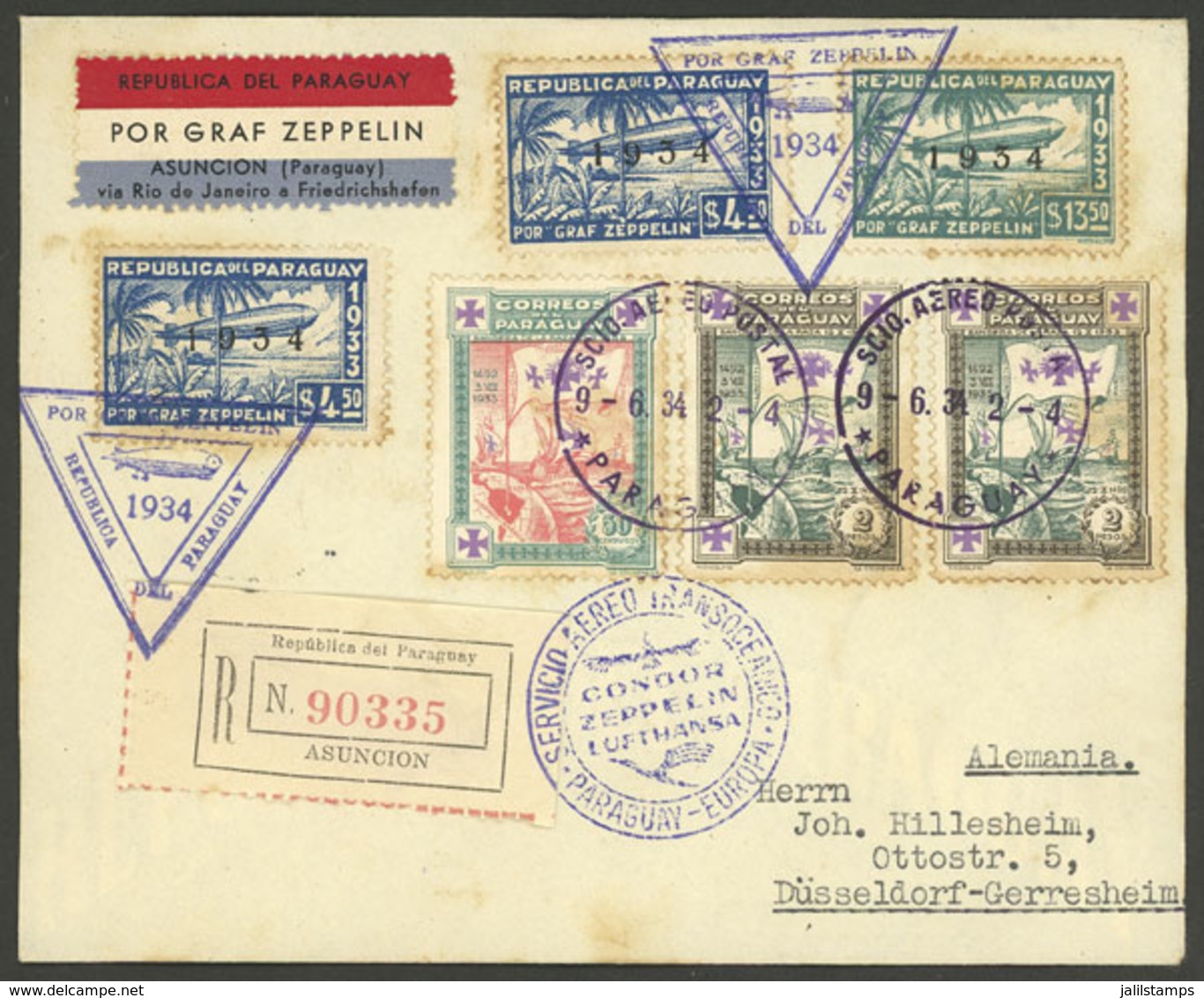 PARAGUAY: Cover Flown By ZEPPELIN, Sent From Asunción To Düsseldorf On 9/JUN/1934, Handsome Postage (with Little Stainin - Paraguay