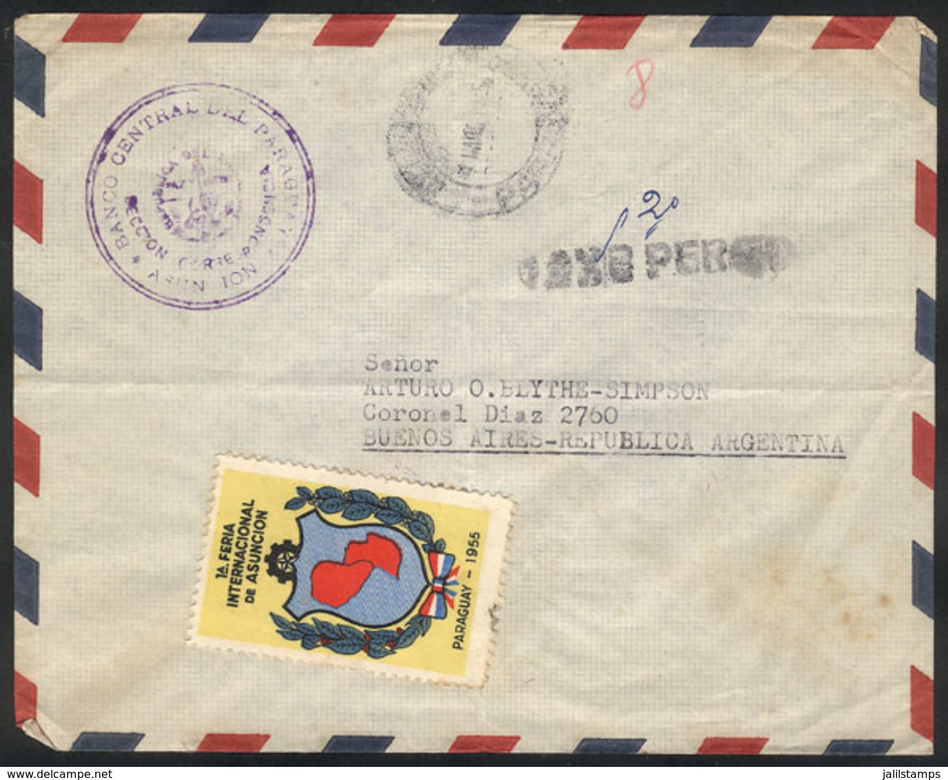 PARAGUAY: Official Envelope Of The Central Bank Of Paraguay, Sent Without Postage To Argentina On 1/MAR/1955, With Inter - Paraguay