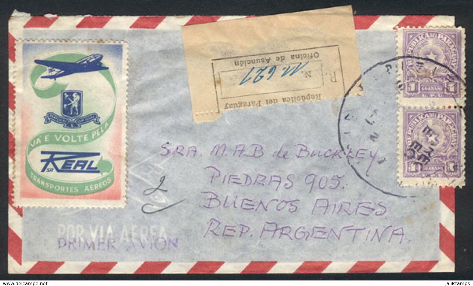 PARAGUAY: Airmail Cover Sent To Buenos Aires With Interesting Advertising CINDERELLA Of The Airline REAL S.A., Rare! - Paraguay