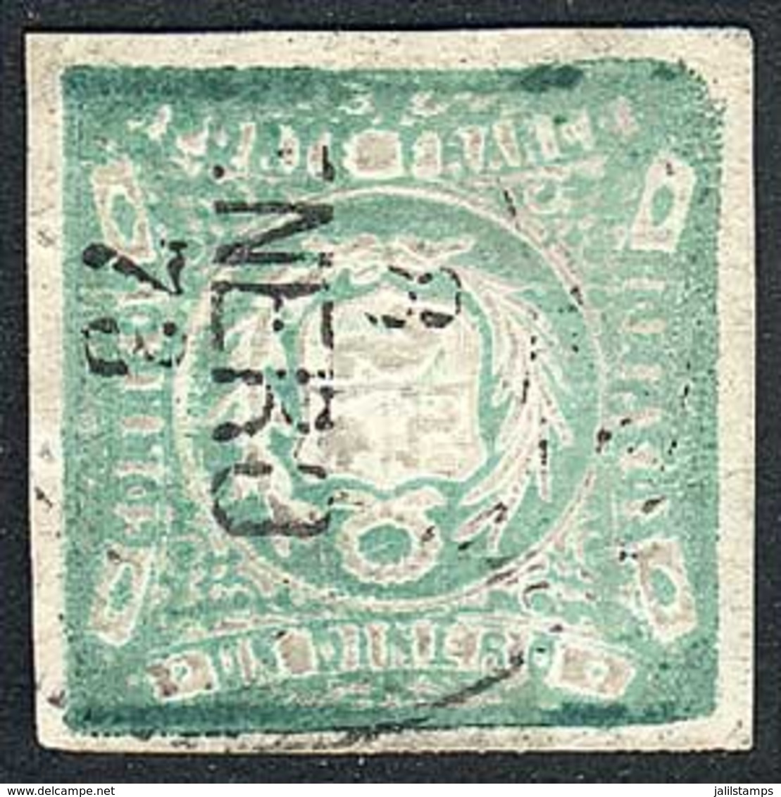 PERU: Sc.14a, 1868/72 1D. Bluish Green With INVERTED COAT OF ARMS Variety, Rare, Excellent Quality, Signed By Victor Kne - Pérou