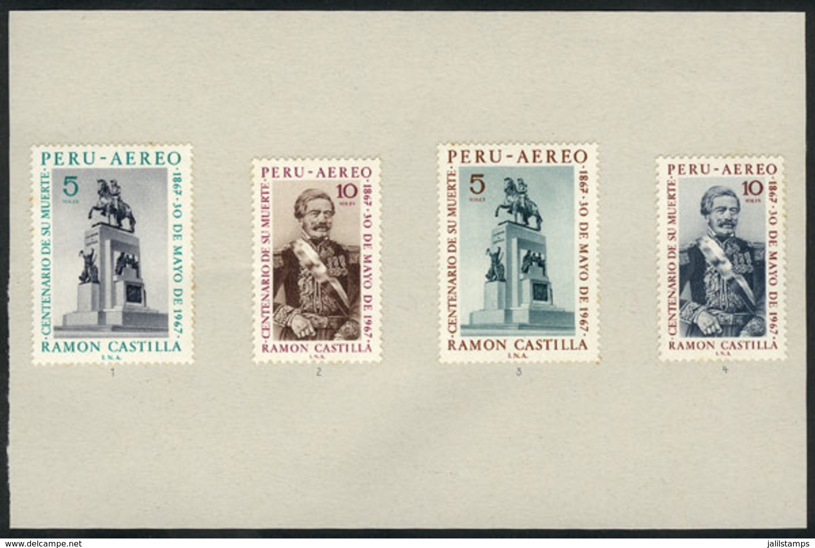 PERU: Sc.C236/7, 1969 President Ramón Castilla, TRIAL COLOR PROOFS (issued And Other Colors) Glued On Card To Be Present - Pérou