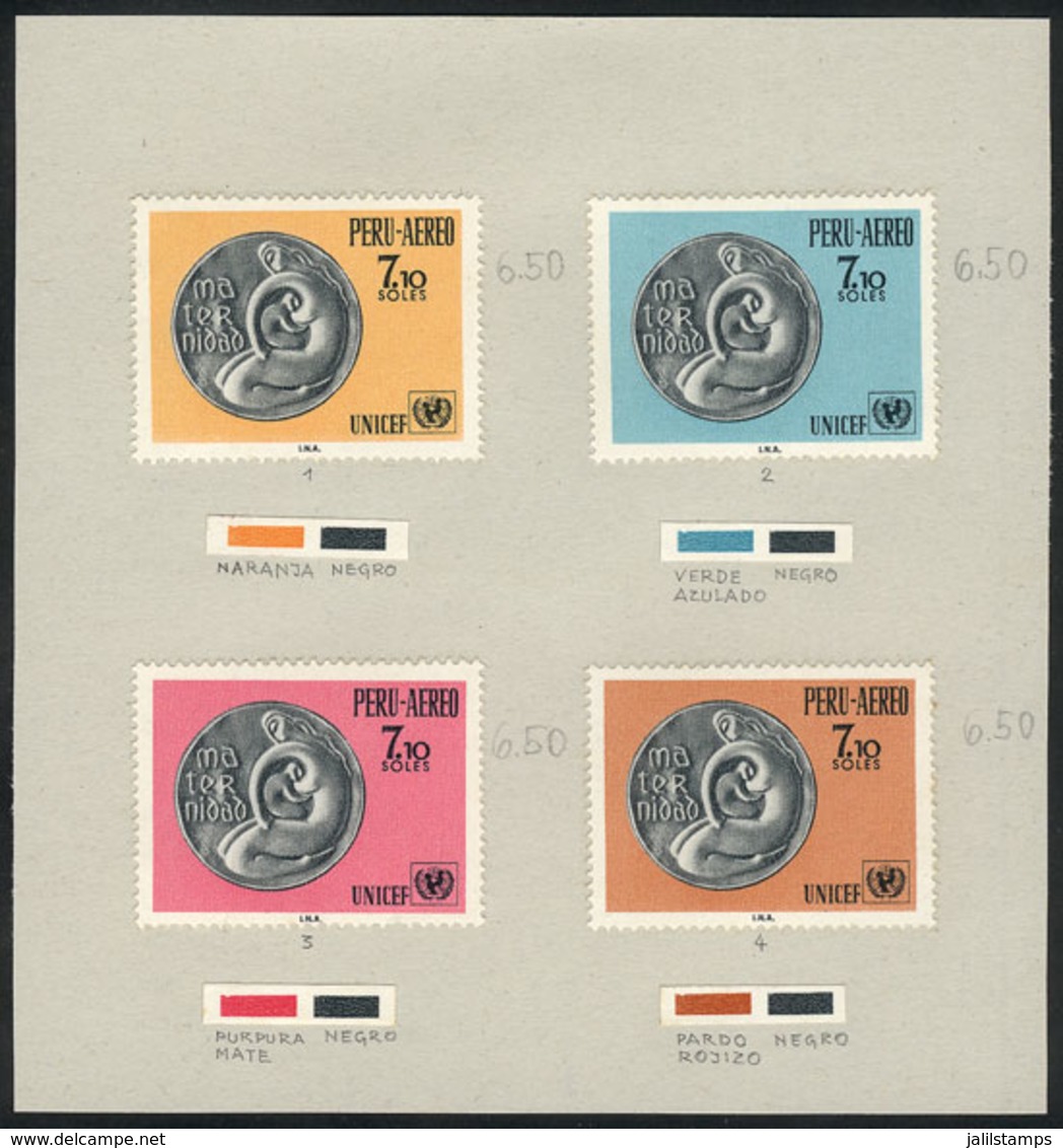 PERU: Sc.C279/280, 1970 Motherhood And UNICEF, PROOFS With A Different Face Value (Soles 7.10) In 4 Different Colors, Gl - Pérou