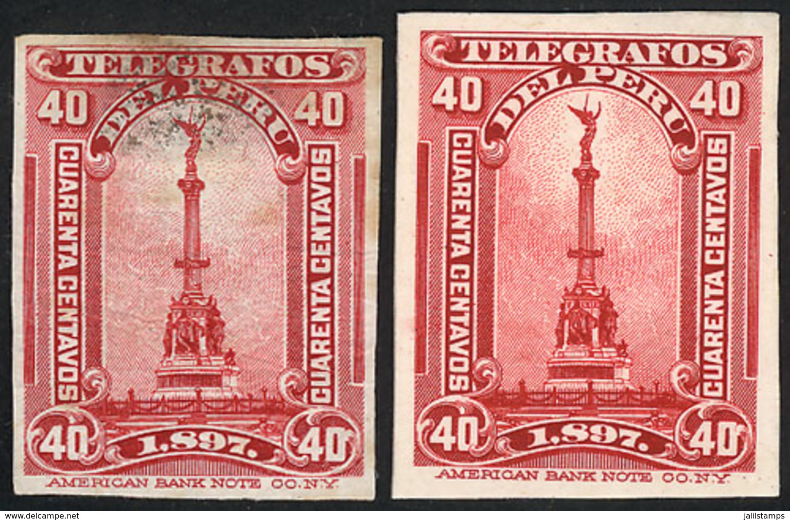 PERU: Yvert 13, 1898 40c. Second Of May Monument, Proofs In The Adopted Color, Printed On Thin Paper, On Card, Both With - Pérou