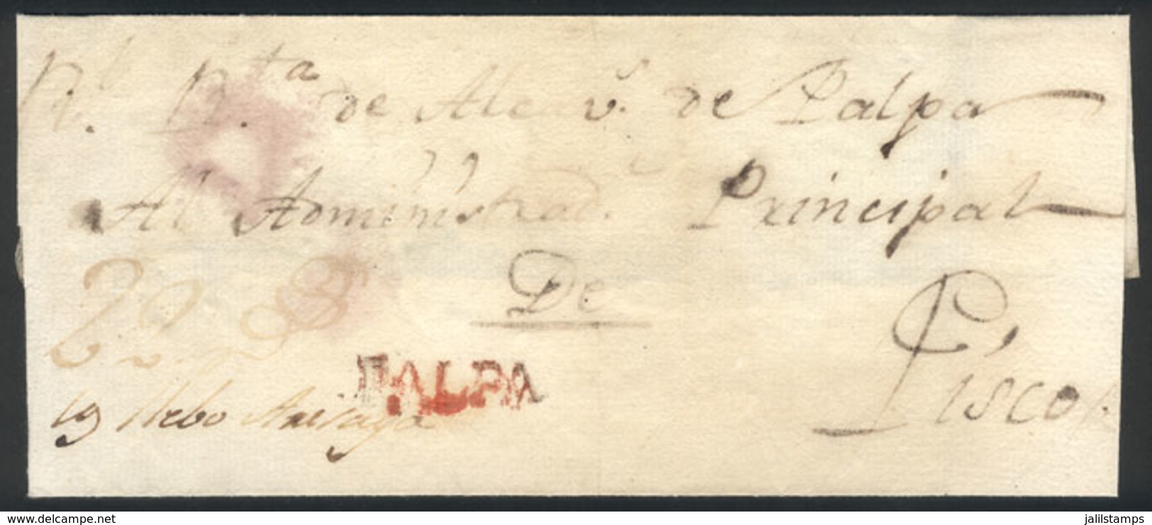PERU: Circa 1800, Folded Cover Sent To Pisco With Orange-red PALPA Mark Very Well Applied, Rare!" - Peru