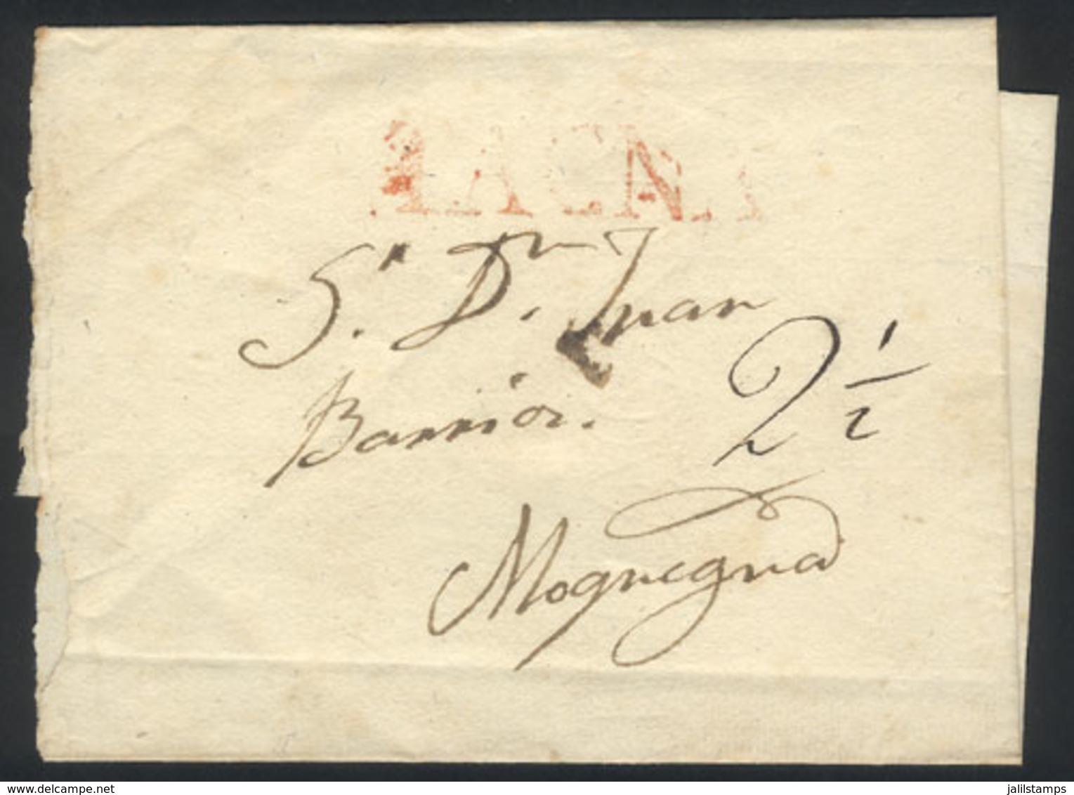 PERU: Circa 1811, Undated Folded Cover Sent To Moquegua, With Red TACNA Mark And 2½ Rating In Pen, Scarce!" - Peru