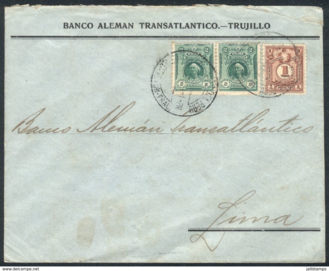 PERU: Cover Franked By Sc.178 Pair + Postage Dues Stamp Sc.J40, Total 5c., Used In Lima, Fine Quality! - Pérou