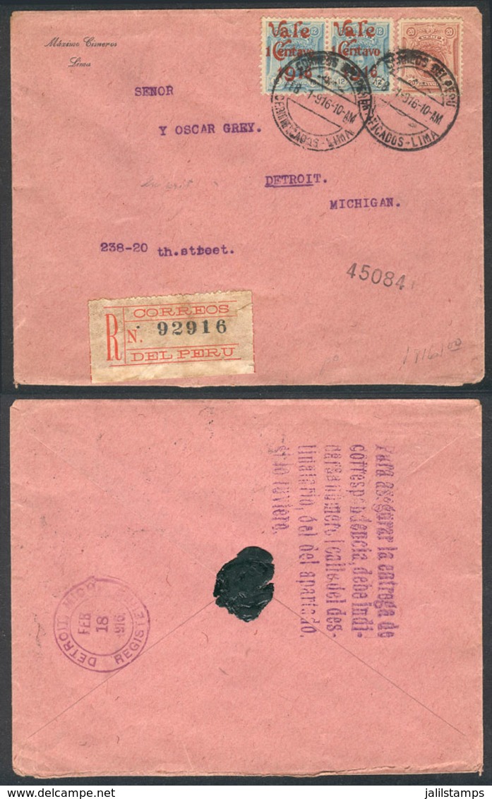 PERU: 1/FE/1916 LIMA - USA: Registered Cover Franked By Sc.183 (20c. Castilla) + 196 Pair, With Detroit Arrival Backstam - Peru