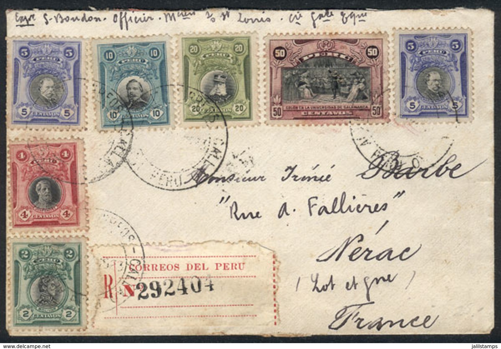 PERU: Registered Cover Franked By Sc.210/1 + 212 X2 + 214 + 216/7, Sent From Callao To France In 1923, VF Quality, Very  - Perù