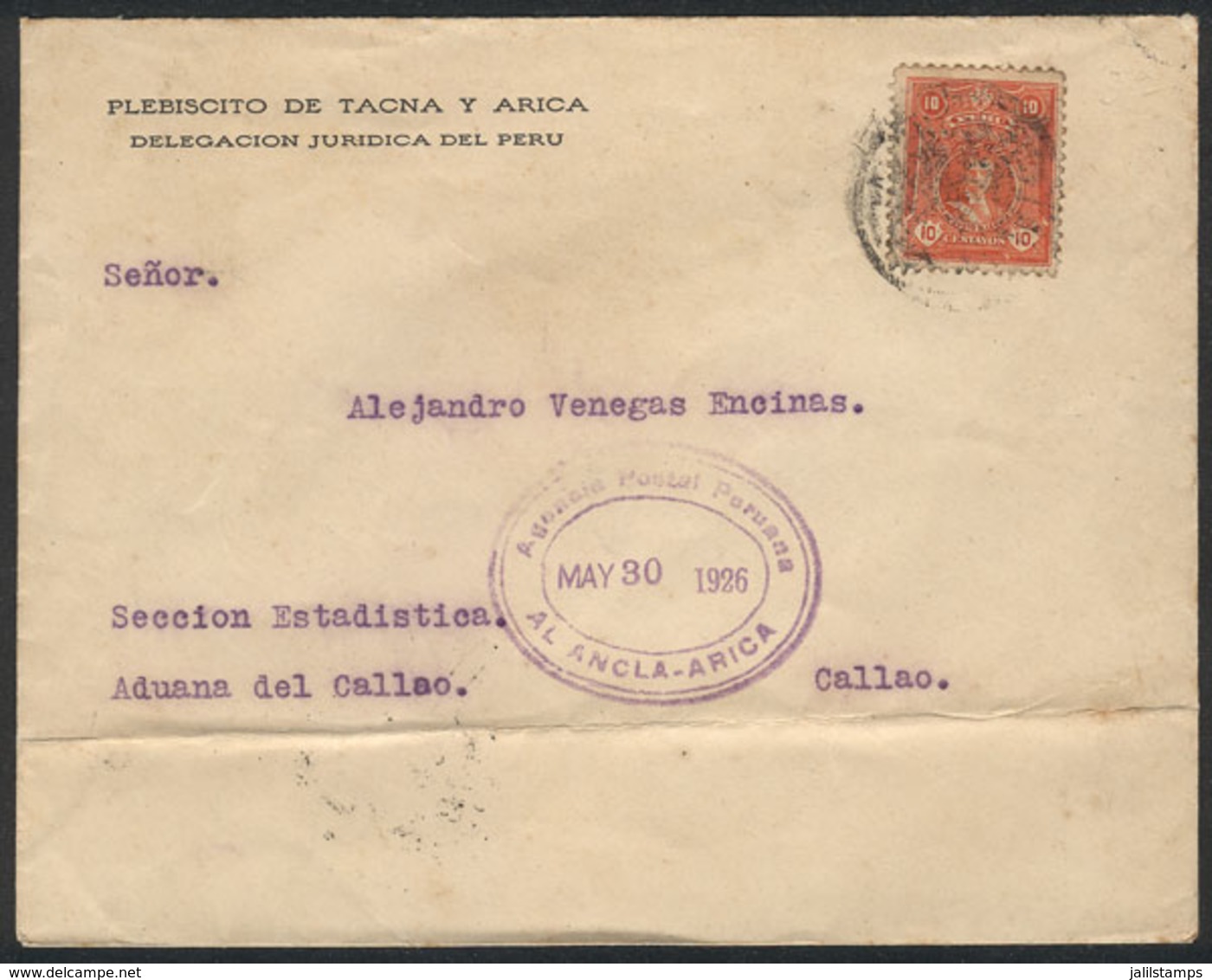 PERU: Cover Franked By Sc.245 And Sent To El Callao On 30/MAY/1926, With Interesting Oval Agencia Postal Peruana - EL AN - Peru