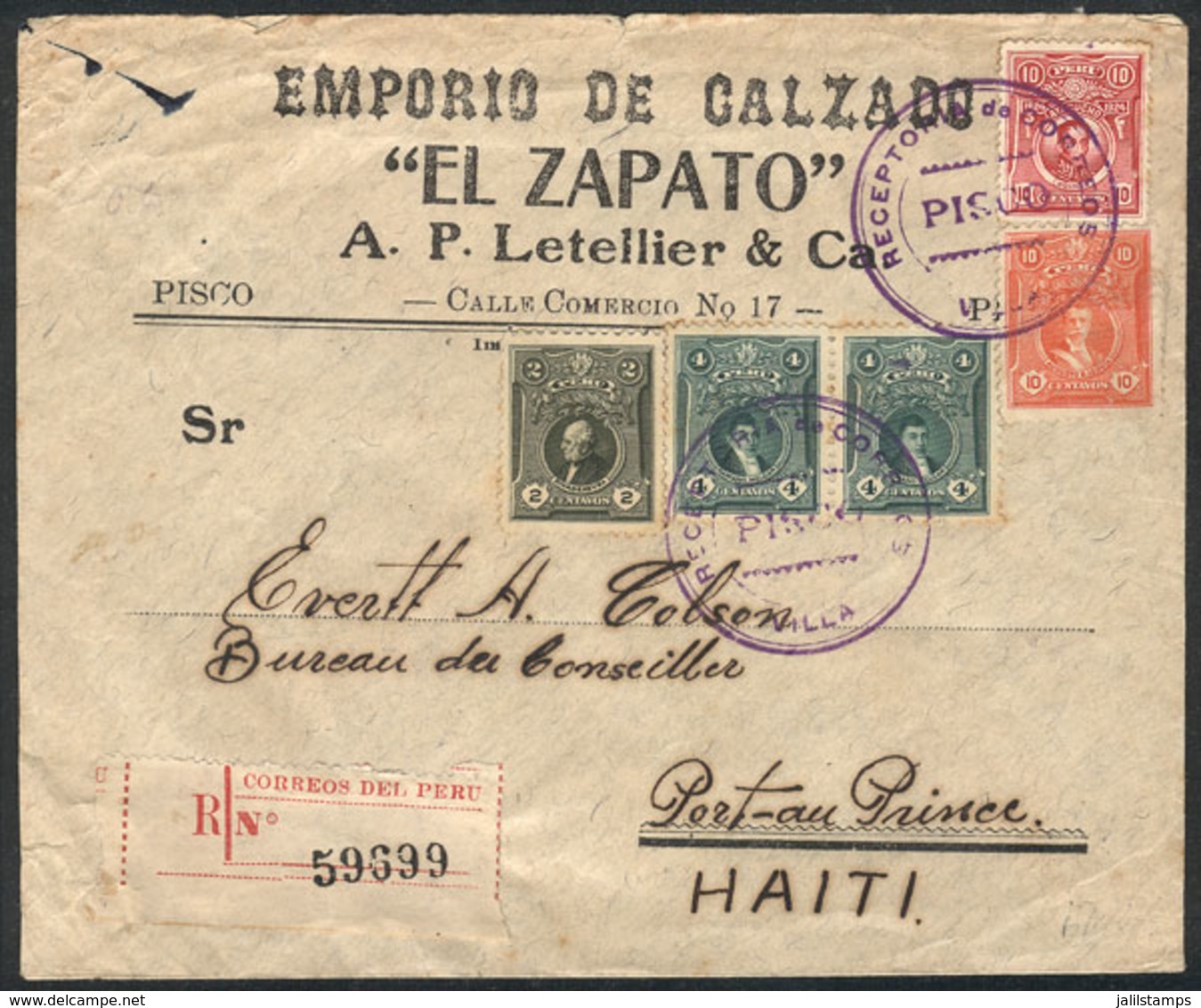 PERU: Cover Franked By Sc.237 + 255 + Other Values (rare Combination Of 2 Stamps Of 10c. Of Different Issues), With Viol - Pérou