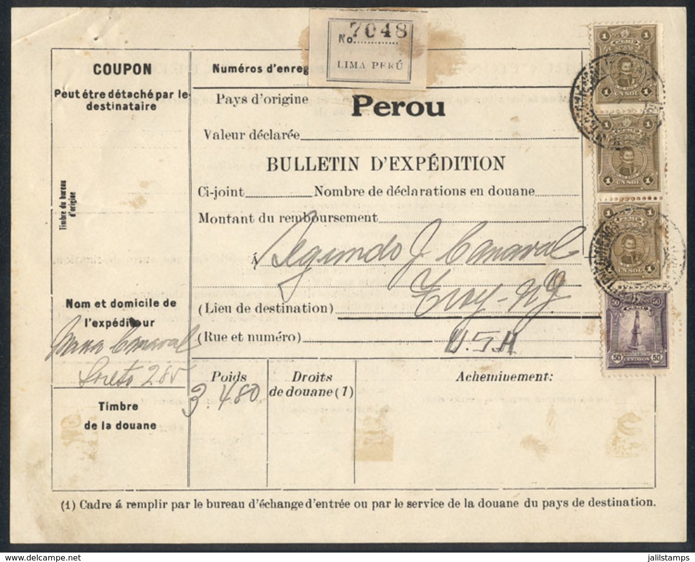 PERU: Despatch Note Sent From Lima To USA, With Very Nice Postage Of 3.50 Soles (Sc.248 + 249 Strip Of 3), VF Quality! - Pérou