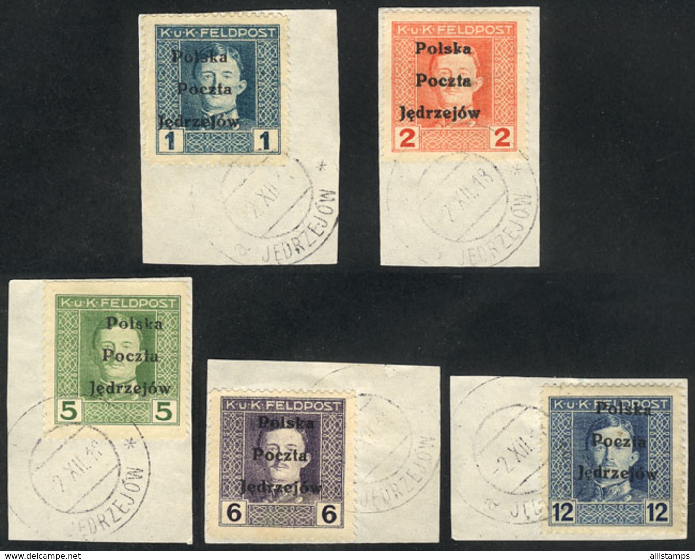 POLAND: 5 Fragments With Austrian Stamps With Local Overprint Of Jedrzejow, VF Quality, Rare! - Otros & Sin Clasificación