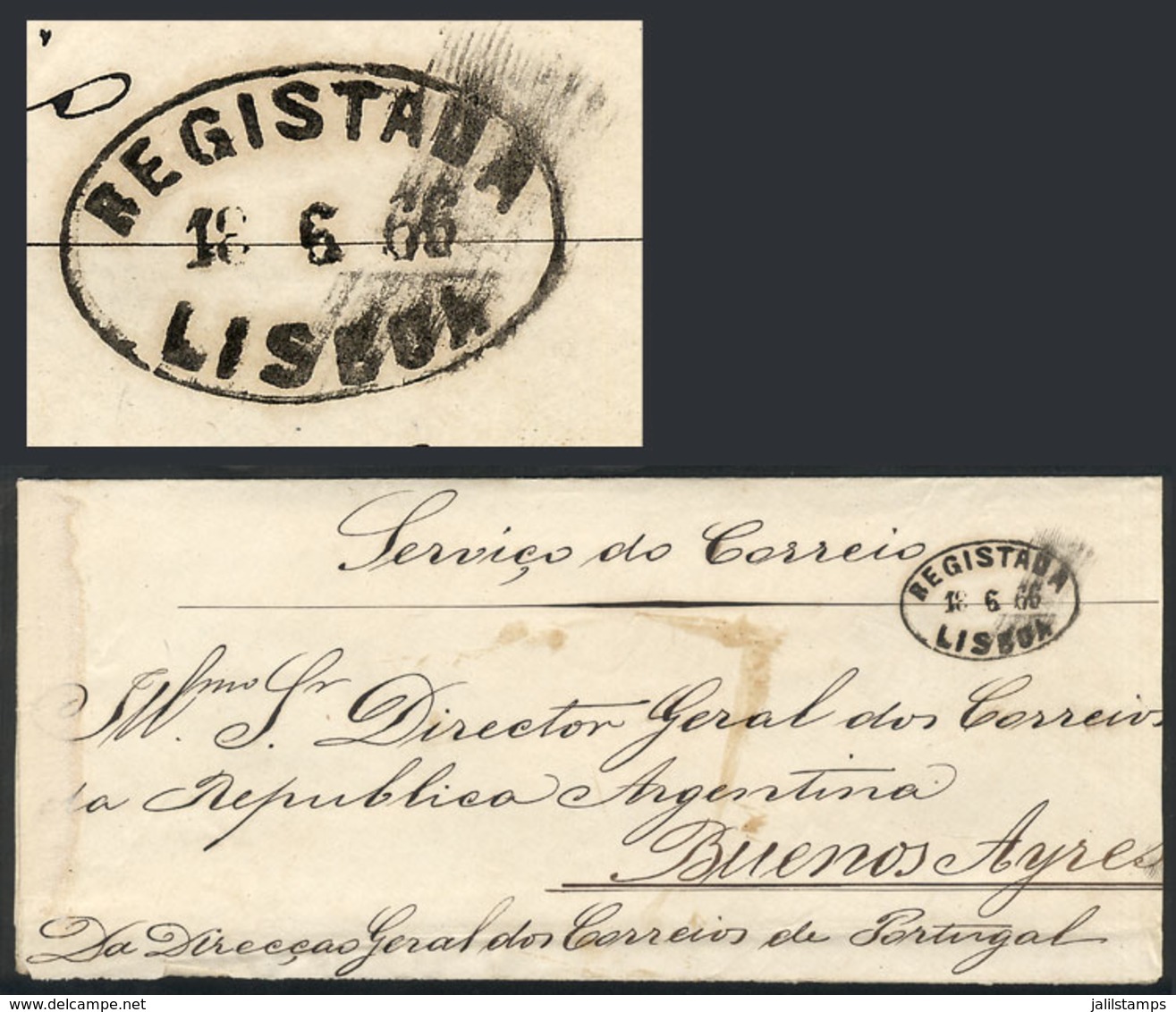 PORTUGAL: Official Cover Sent By The Postmaster Of Portugal On 18/JUN/1866 To His Colleage In Argentina, Oval Mark REGIS - Andere & Zonder Classificatie