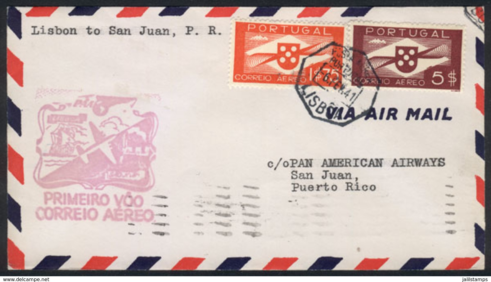 PORTUGAL: 4 FIRST FLIGHT Covers Sent On 6/FE/1941 From Lisboa To: Bolama, Trinidad, Puerto Rico And New York, VF! - Other & Unclassified