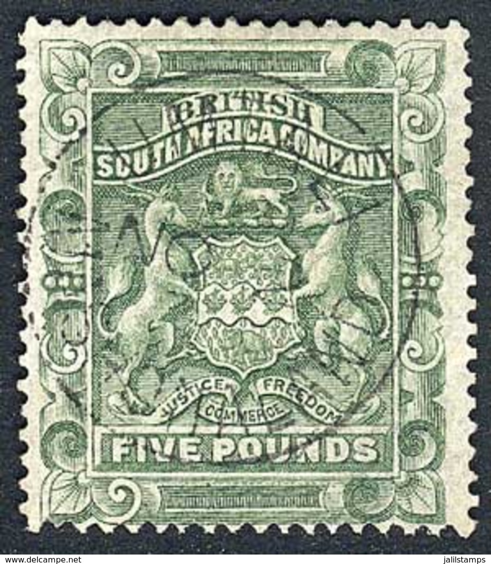 RHODESIA: Sc.18, 1890/4 5£ Yellow-green, Postally Used, Excellent Quality, With An Expertization Mark Georg Senf - Leipz - Autres & Non Classés