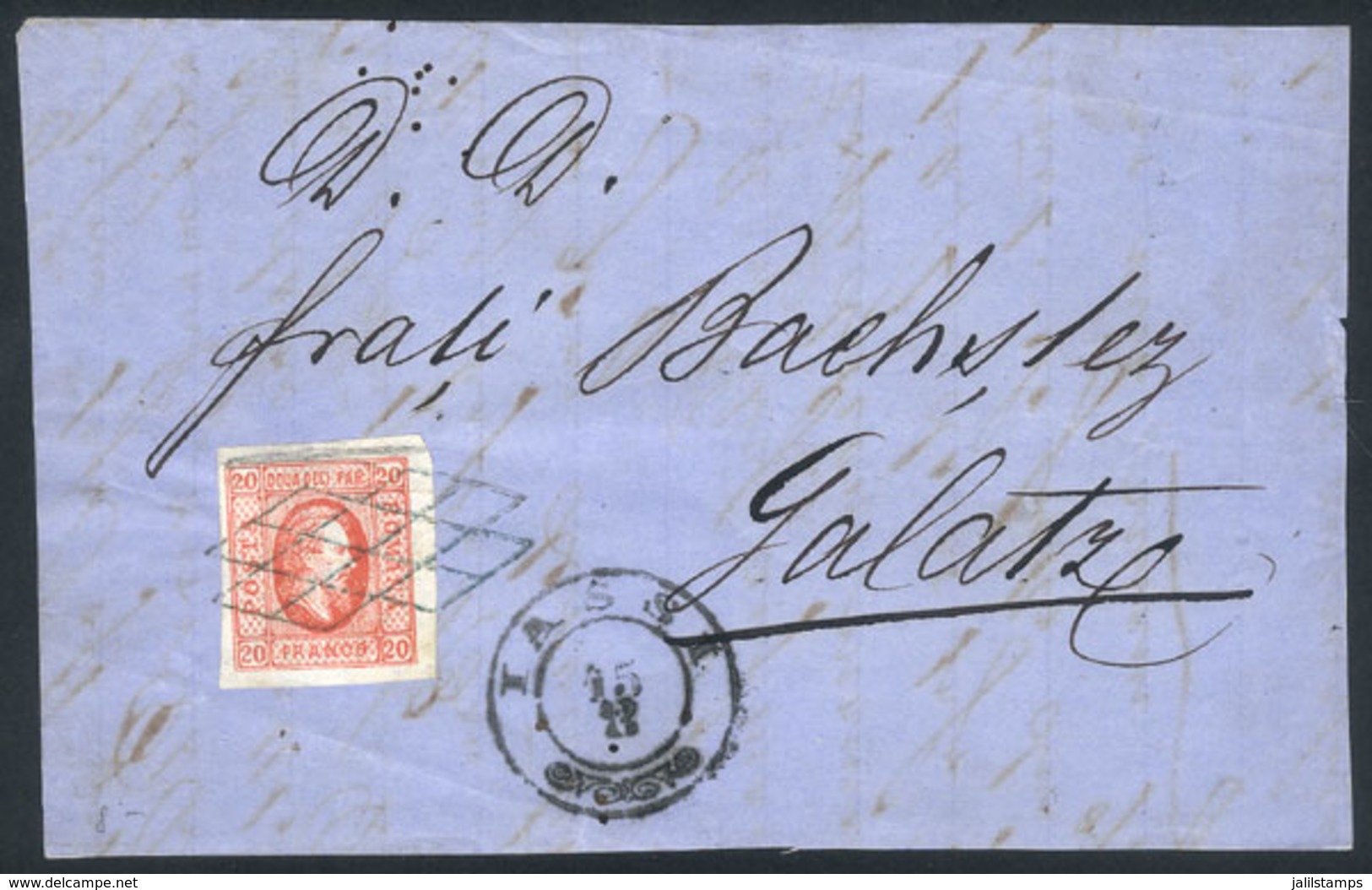 ROMANIA: Front Of Cover Franked With 20Pa. Red Type I Of 1865 (Sc.24), Sent From IASSI To Galatz, Excellent Quality! - Sonstige & Ohne Zuordnung