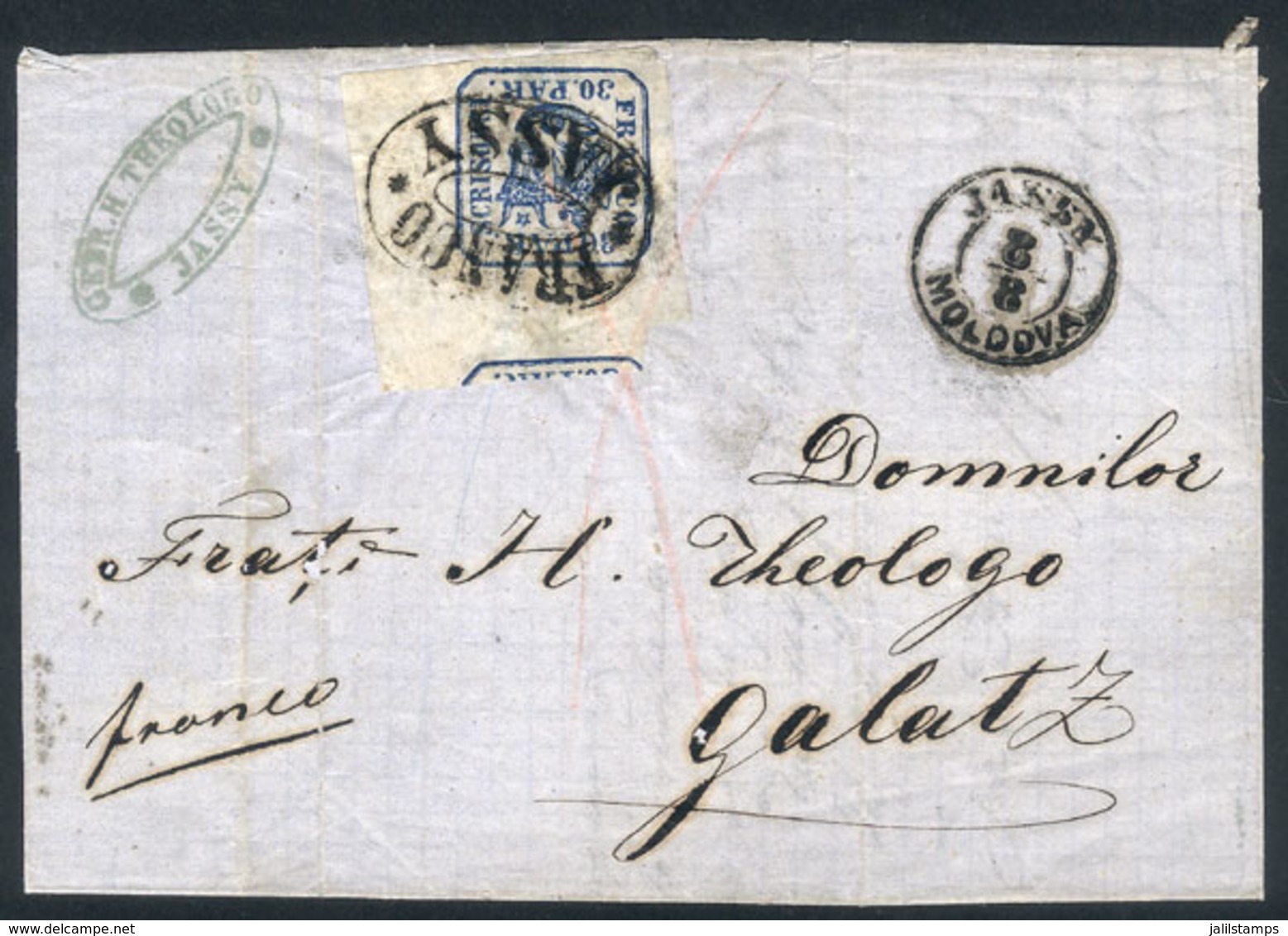 ROMANIA: 8/AU/1864 JASSY - Galatz: Folded Cover Franked With A Spectacular Example Of 30pa. Blue With Ample Margins, Exc - Andere & Zonder Classificatie