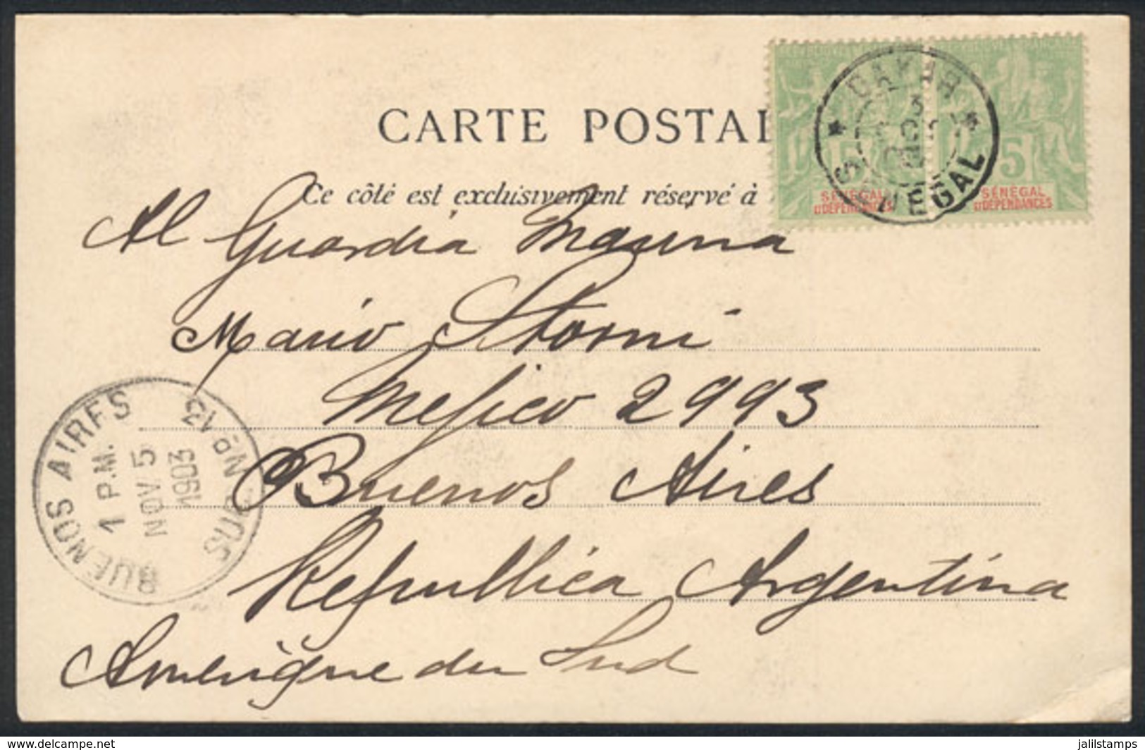 SENEGAL: PC (view Of Pileuse De Coscous), Franked By Pair Sc.39, Sent From Dakar To Argentina On 3/OC/1903, Rare Destina - Senegal (1960-...)