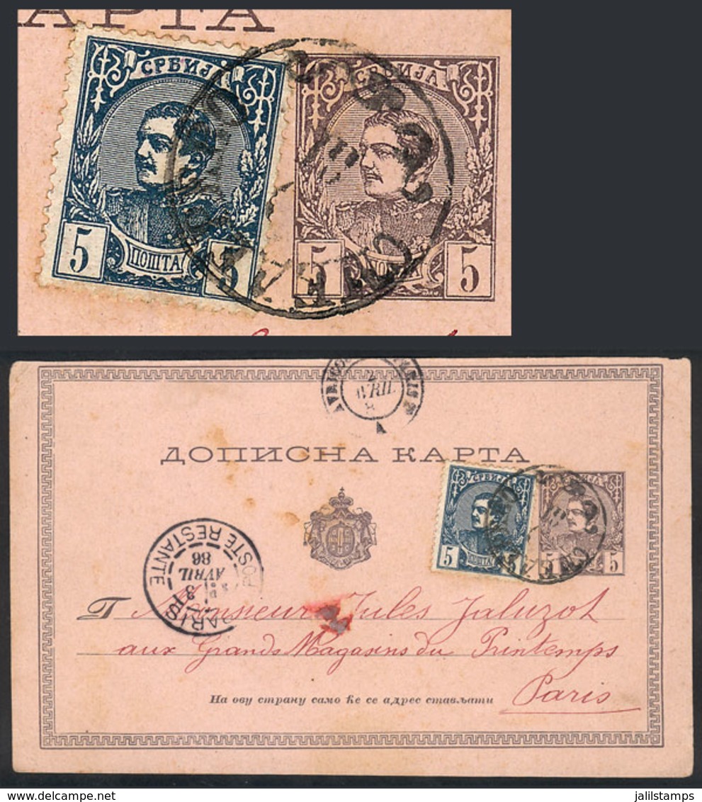 SERBIA: 5p. Postal Card + Additional 5p. (Scott 27a), Sent From SEMENDRIA To Paris In MAR/1886, VF Quality! - Serbia