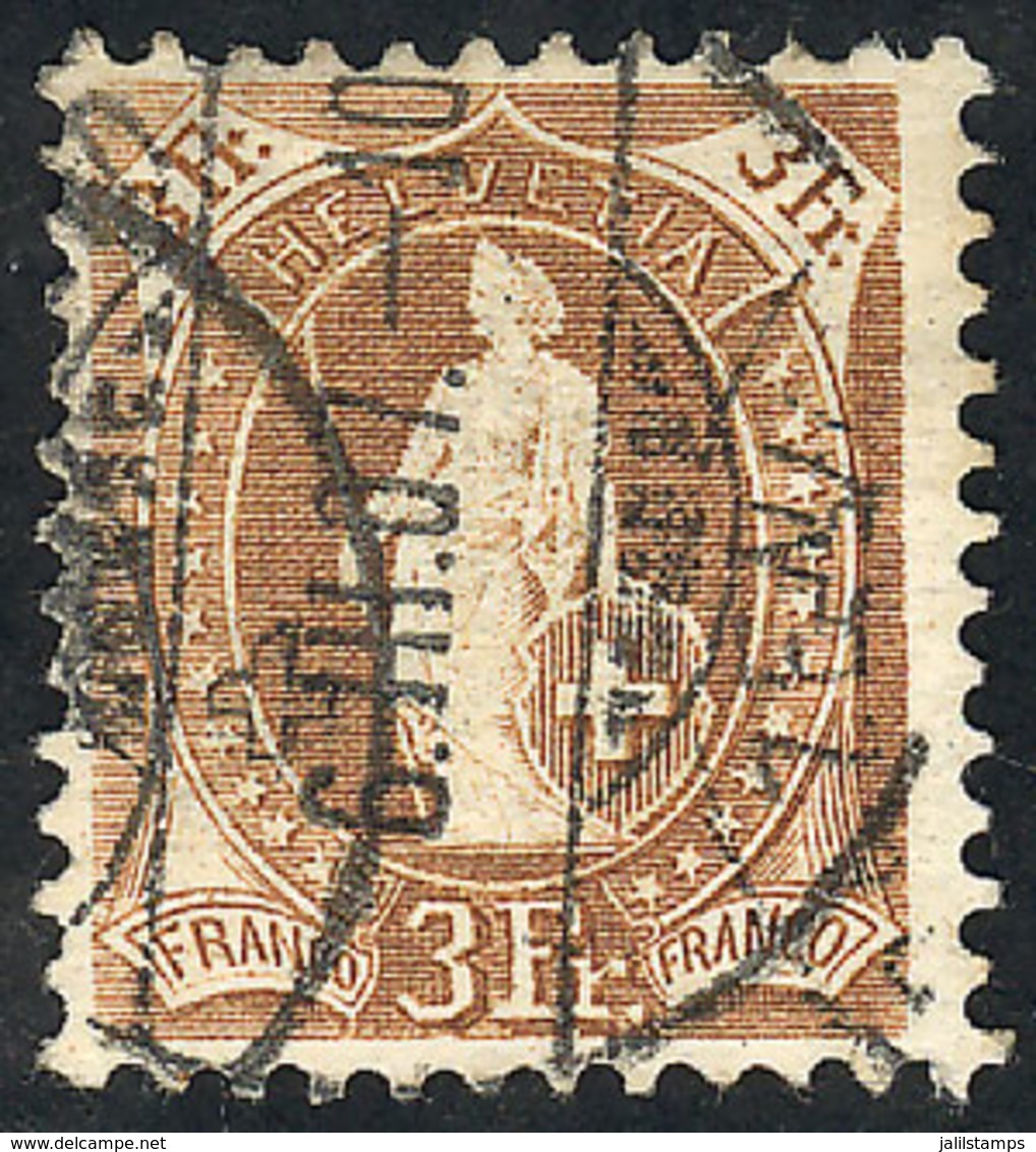 SWITZERLAND: Sc.111a, 1907 Helvetia 3Fr., Perf 11½ X 12, Used, VF Quality, Catalog Value US$310 - Andere & Zonder Classificatie