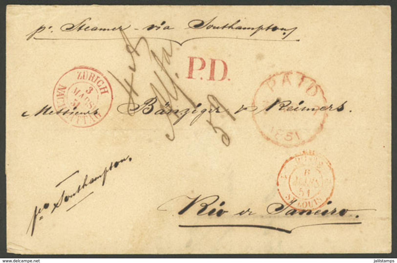 SWITZERLAND: 3/MAR/1851 Zurich - Rio De Janeiro: Folded Cover Sent Via England, With Marks ZÜRICH - NACHMITTAG In Red, S - Autres & Non Classés