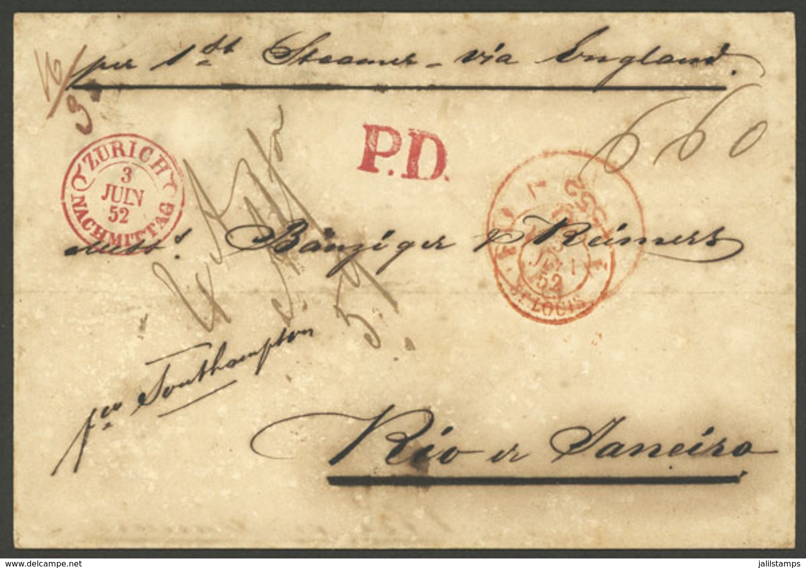 SWITZERLAND: 3/JUN/1852 Zurich - Rio De Janeiro: Folded Cover Sent Via England, With Red Marks ZÜRICH - NACHMITTAG (3/JU - Other & Unclassified