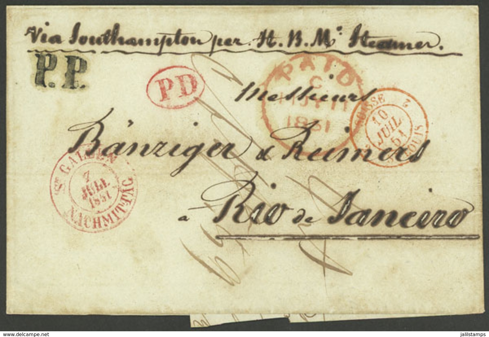 SWITZERLAND: 4/SE/1852 St. Gallen - Rio De Janeiro: Folded Cover Sent Via Southampton, With Red Marks: ST. GALLEN - VORM - Andere & Zonder Classificatie