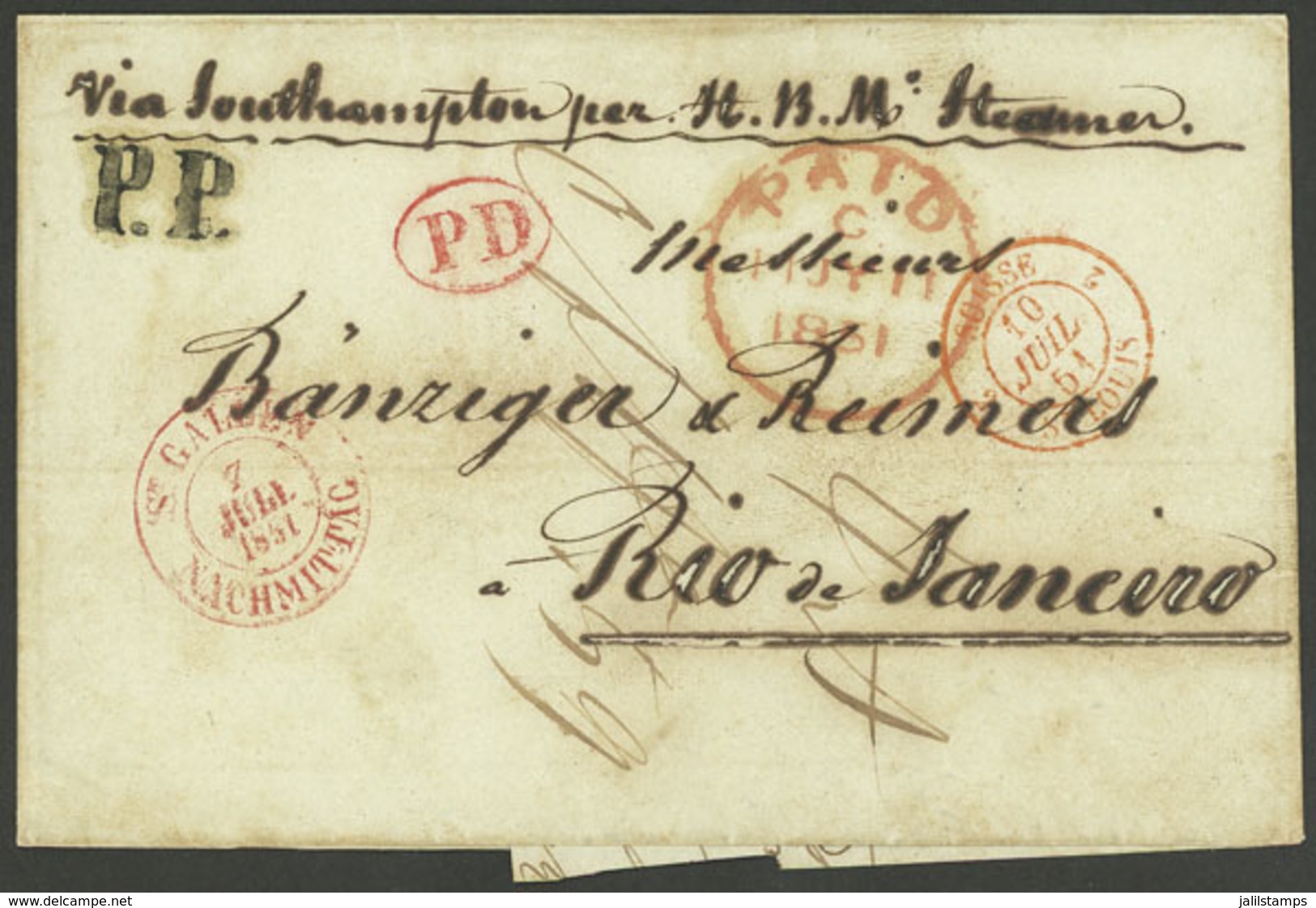 SWITZERLAND: 4/SE/1852 St. Gallen - Rio De Janeiro: Folded Cover Sent Via Southampton, With Red Marks: ST. GALLEN - VORM - Autres & Non Classés