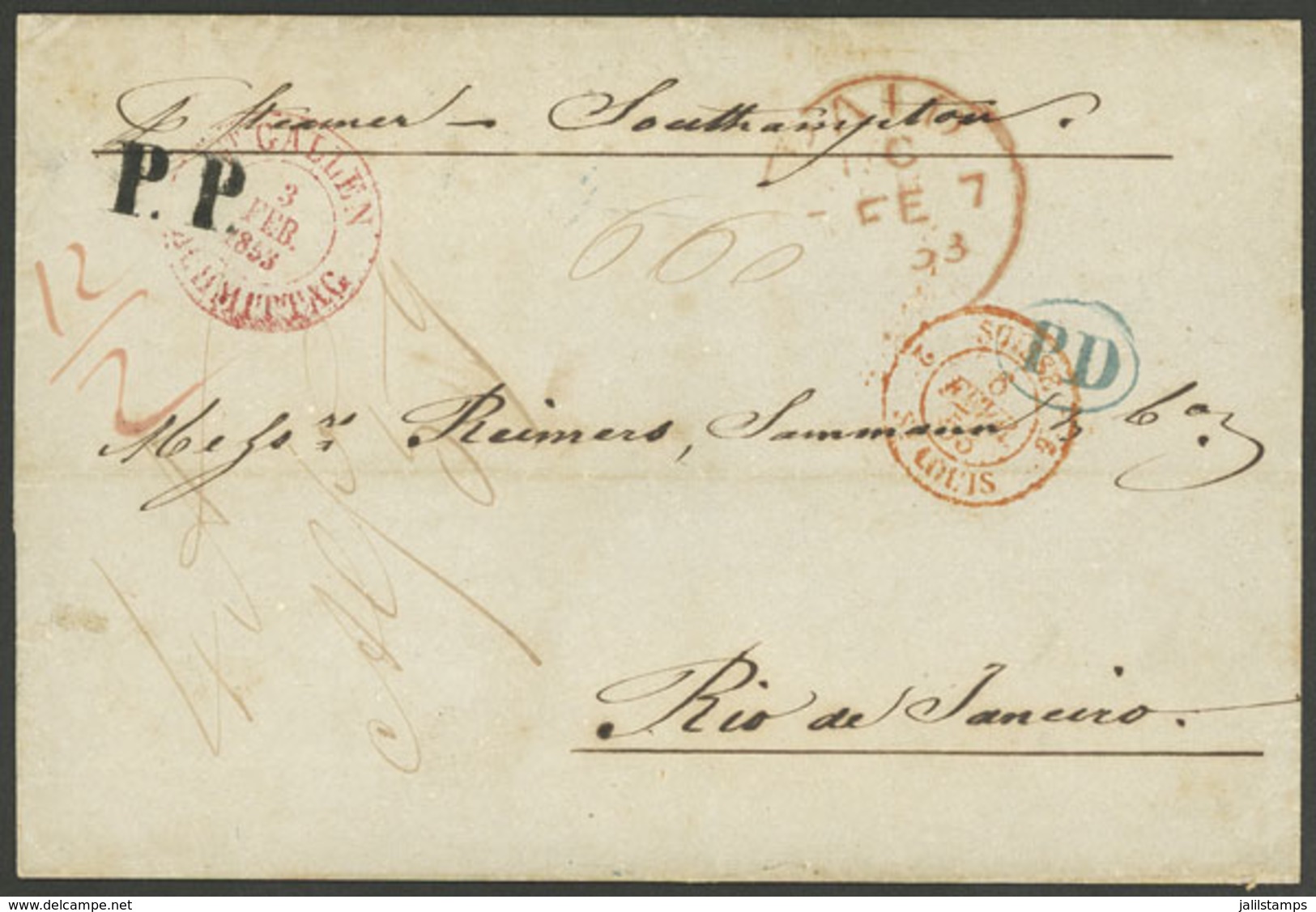 SWITZERLAND: 3/FE/1853 St. Gallen - Rio De Janeiro: Folded Cover Sent Via Southampton, With Red Marks: ST. GALLEN - NACH - Other & Unclassified