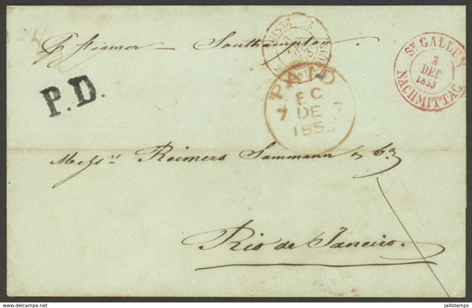 SWITZERLAND: 3/DE/1853 St. Gallen - Rio De Janeiro: Folded Cover Sent Via Southampton, With Red Marks: SUISSE - ST. LOUI - Autres & Non Classés