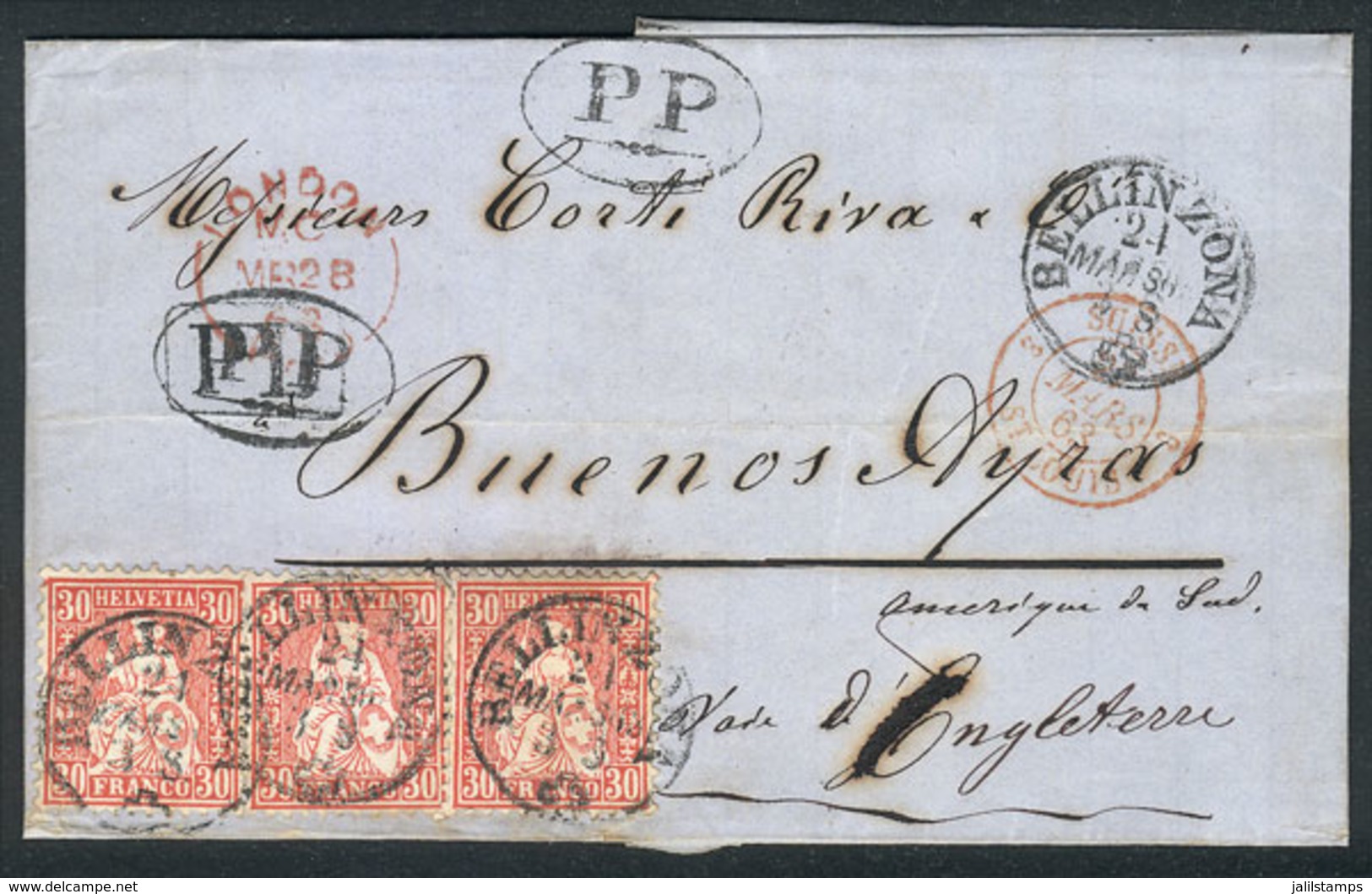 SWITZERLAND: 24/MAR/1863 BELLINZONA - Buenos Aires: Folded Cover Franked By Sc.46 X3 (total 90c.), Datestamp Along PP An - Other & Unclassified