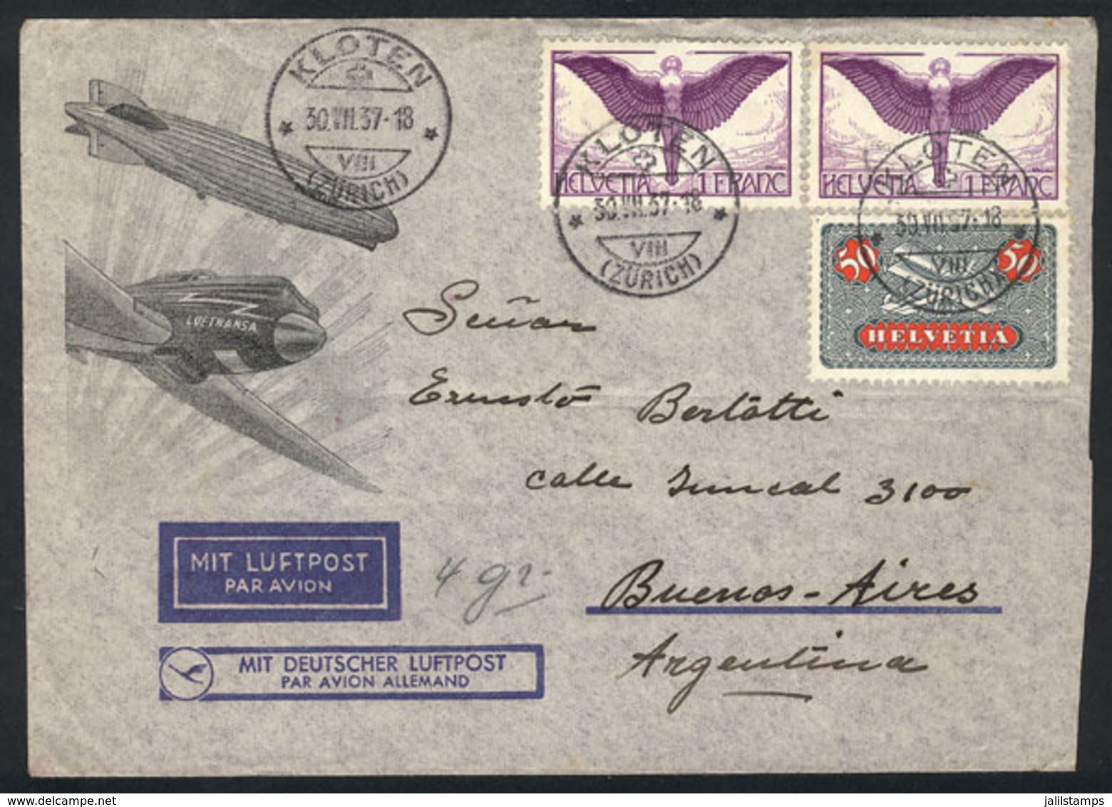 SWITZERLAND: Airmail Cover Sent From Kloten To Argentina On 30/JUL/1937, Franked With 2.50Fr., Very Nice! - Andere & Zonder Classificatie