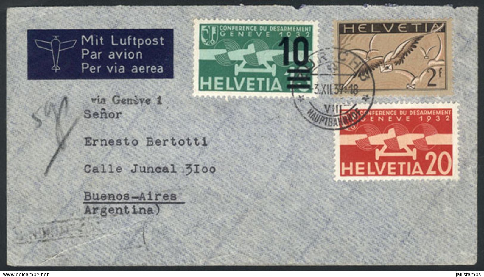 SWITZERLAND: Airmail Cover Sent From Zurich To Argentina On 3/DE/1937 Franked With 2.30Fr., With Arrival Backstamp, Hand - Other & Unclassified