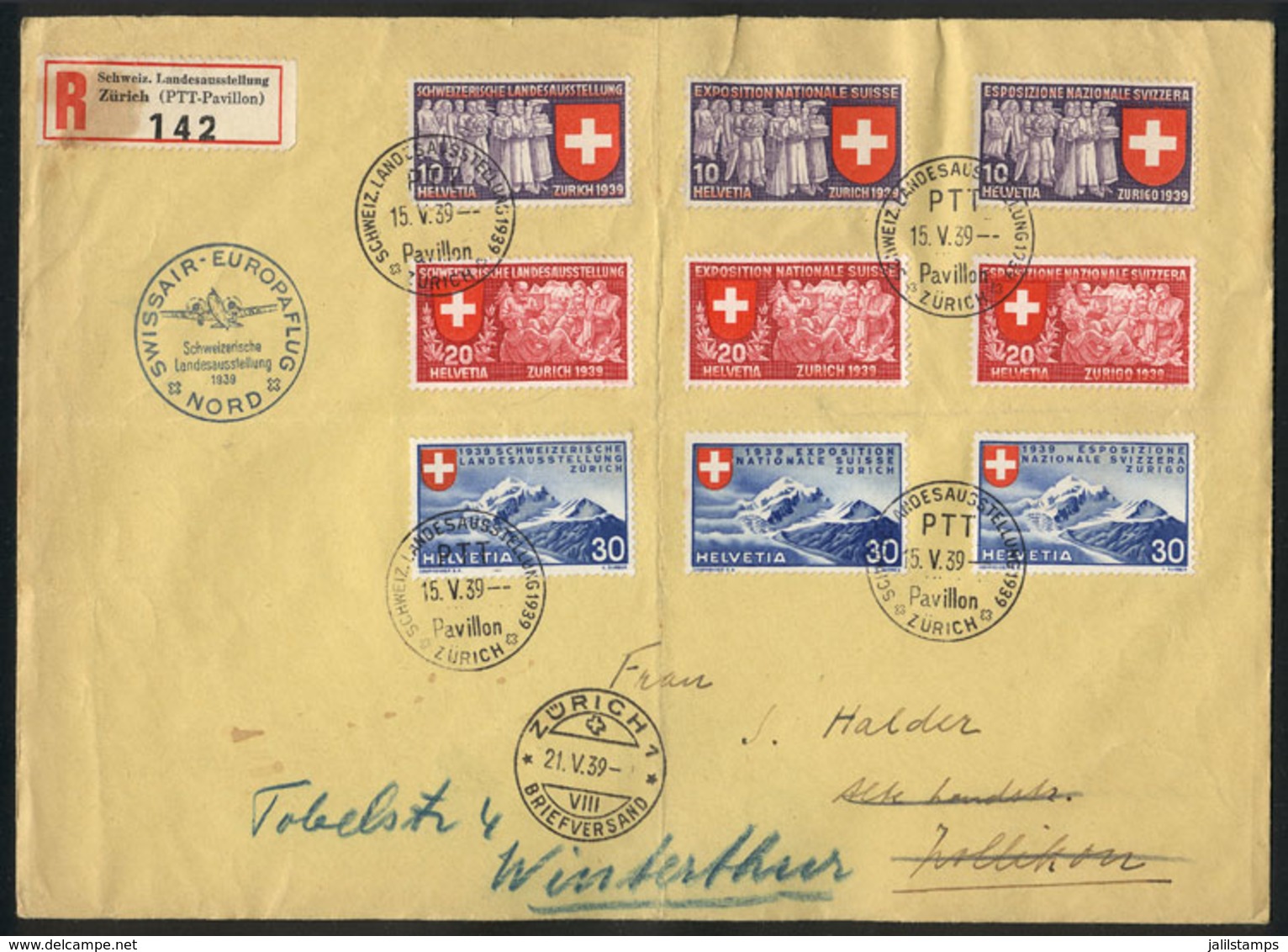 SWITZERLAND: Registered Cover Franked By Sc.247/255, With Special Postmark Of The Zürich Exposition Of 15/MAY/1939, Inte - Other & Unclassified