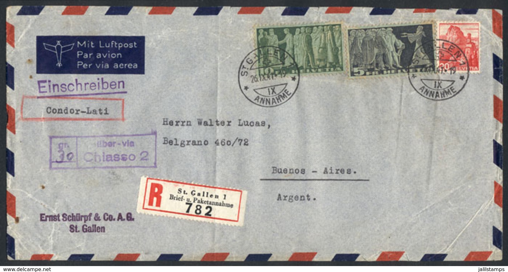 SWITZERLAND: Registered Airmail Cover Sent To Argentina Via CONDOR-LATI, Franked By Scott 245-246 + 243, Excellent Quali - Andere & Zonder Classificatie