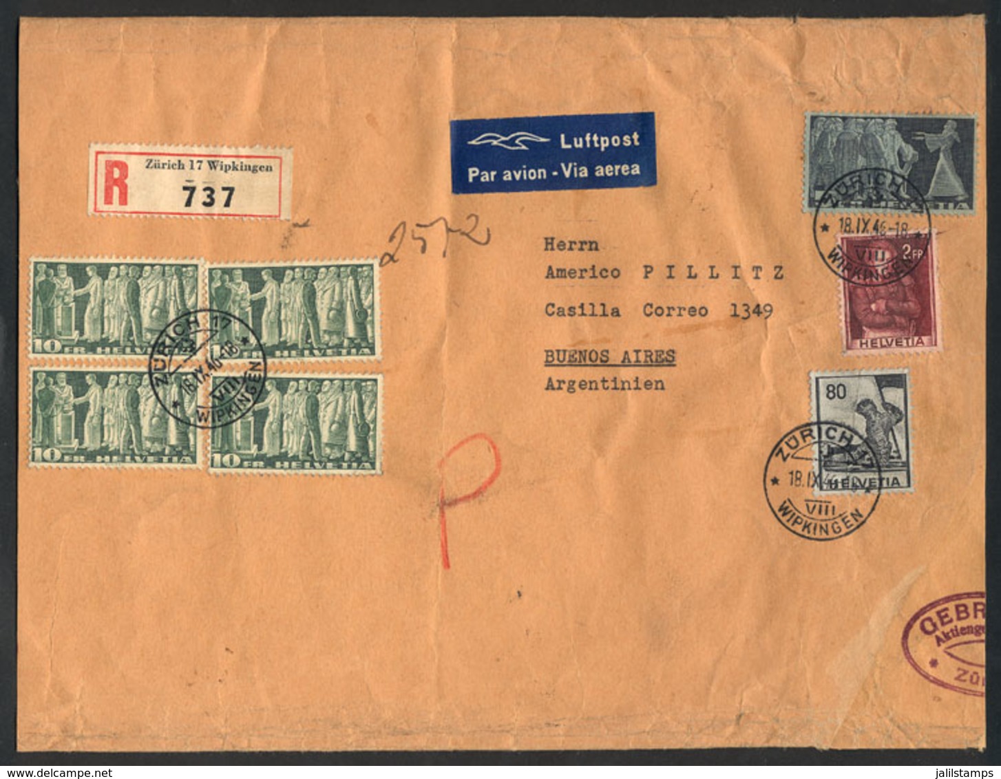 SWITZERLAND: Registered Airmail Cover Sent From Zurich To Argentina On 18/SE/1946, Franked With 47.80Fr., Interesting! - Sonstige & Ohne Zuordnung