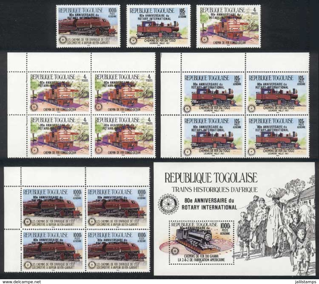 TOGO: Sc.1343/5 (x5)+ 1346, 1985 Rotary, The Set + Blocks Of 4 + Souvenir Sheet, VF Quality, Catalog Value US$84.50 - Togo (1960-...)