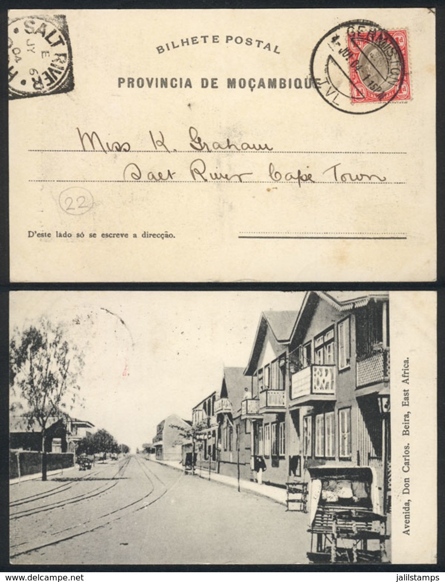 TRANSVAAL: PC With View Of Avenida Don Carlos, Beira, East Africa, Sent From Germiston To Cape Town On 4/JUL/1904, Excel - Transvaal (1870-1909)