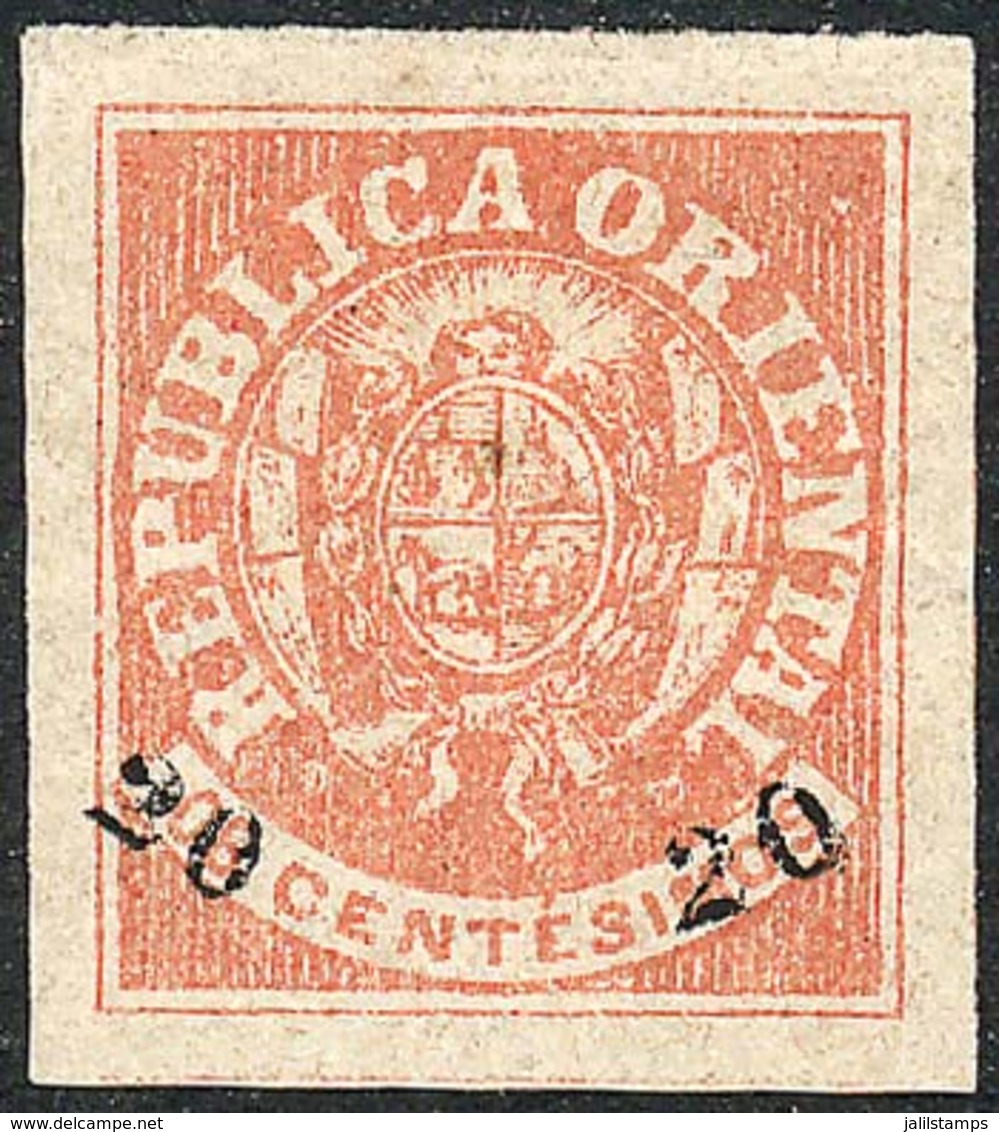 URUGUAY: Sc.28, 1866 20 On 6c. Brick Red, Mint Full Original Gum, Lightly Hinged, Excellent Quality! - Uruguay